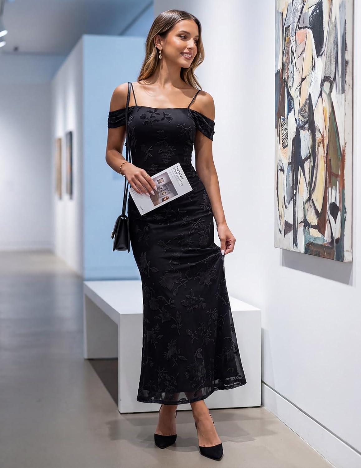 imageMEROKEETY Womens 2026 Summer Off The Shoulder Spaghetti Strap Floral Mesh Wedding Guest Cocktail Formal Party Maxi DressesBlack