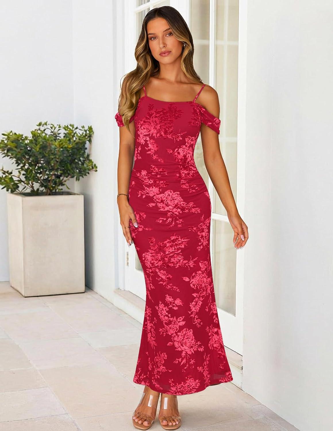imageMEROKEETY Womens 2026 Summer Off The Shoulder Spaghetti Strap Floral Mesh Wedding Guest Cocktail Formal Party Maxi DressesRed