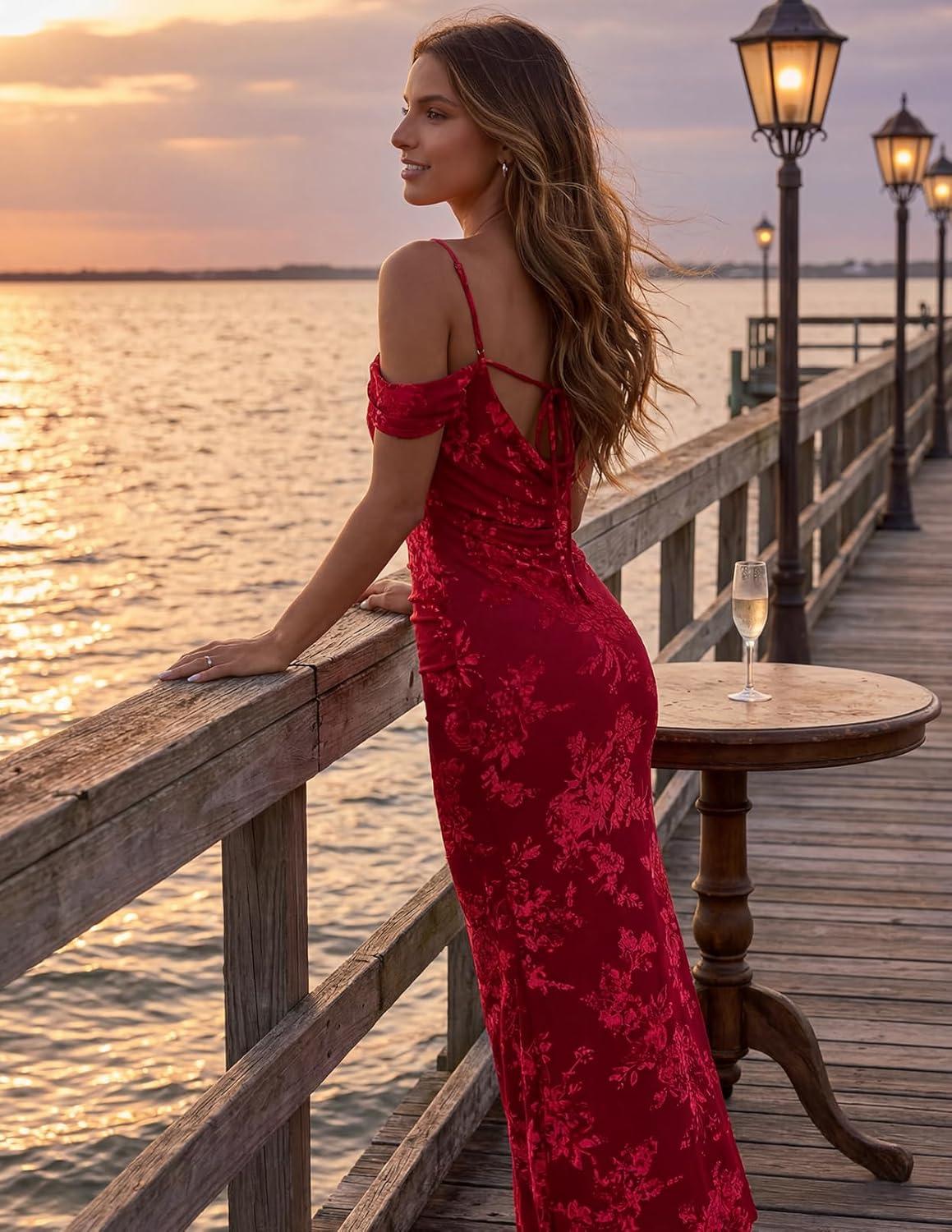 imageMEROKEETY Womens 2026 Summer Off The Shoulder Spaghetti Strap Floral Mesh Wedding Guest Cocktail Formal Party Maxi DressesRed