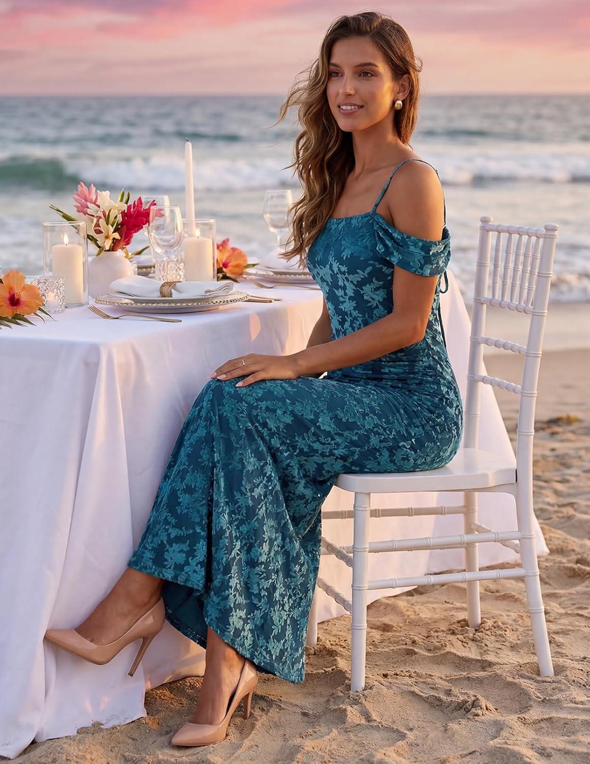 imageMEROKEETY Womens 2026 Summer Off The Shoulder Spaghetti Strap Floral Mesh Wedding Guest Cocktail Formal Party Maxi DressesTeal