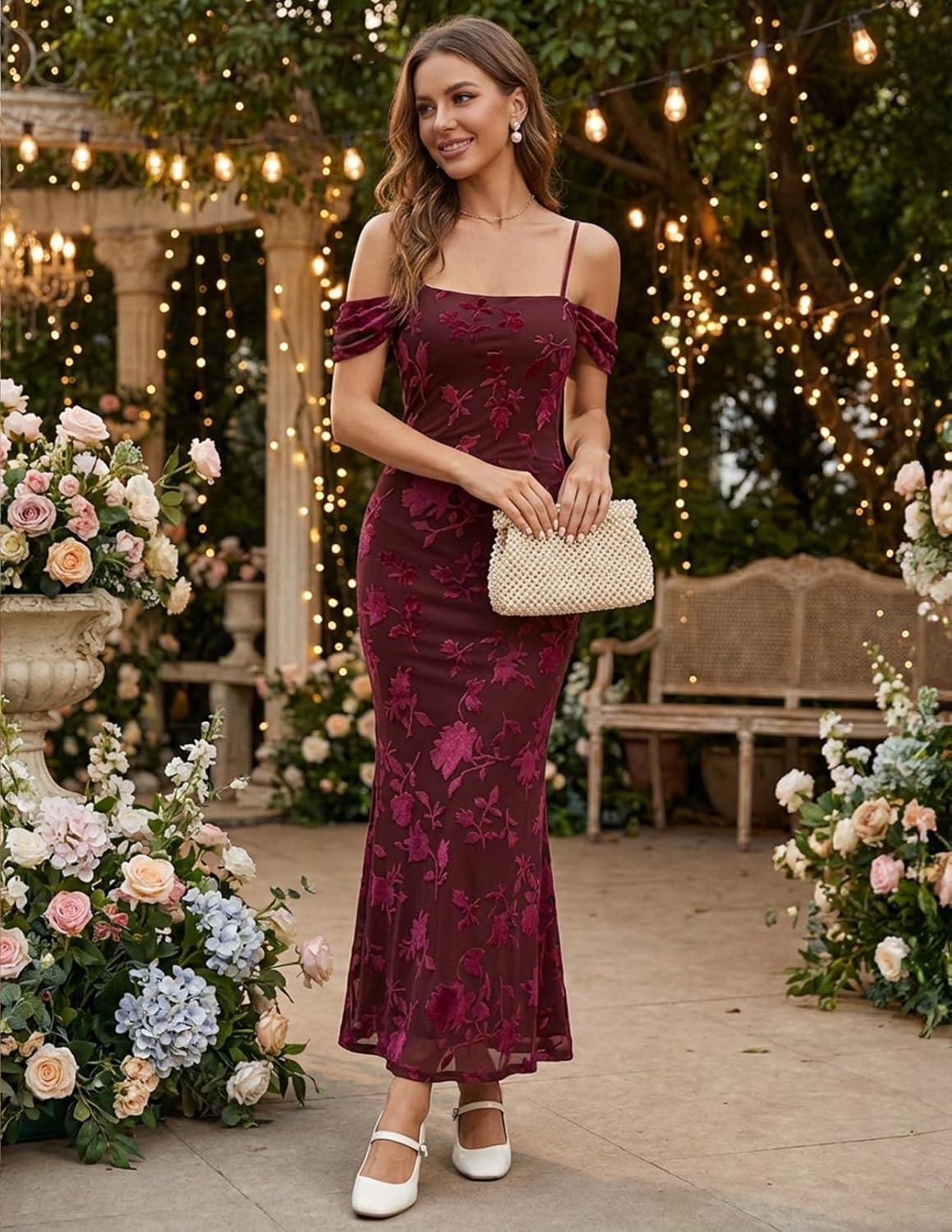 imageMEROKEETY Womens 2026 Summer Off The Shoulder Spaghetti Strap Floral Mesh Wedding Guest Cocktail Formal Party Maxi DressesWine