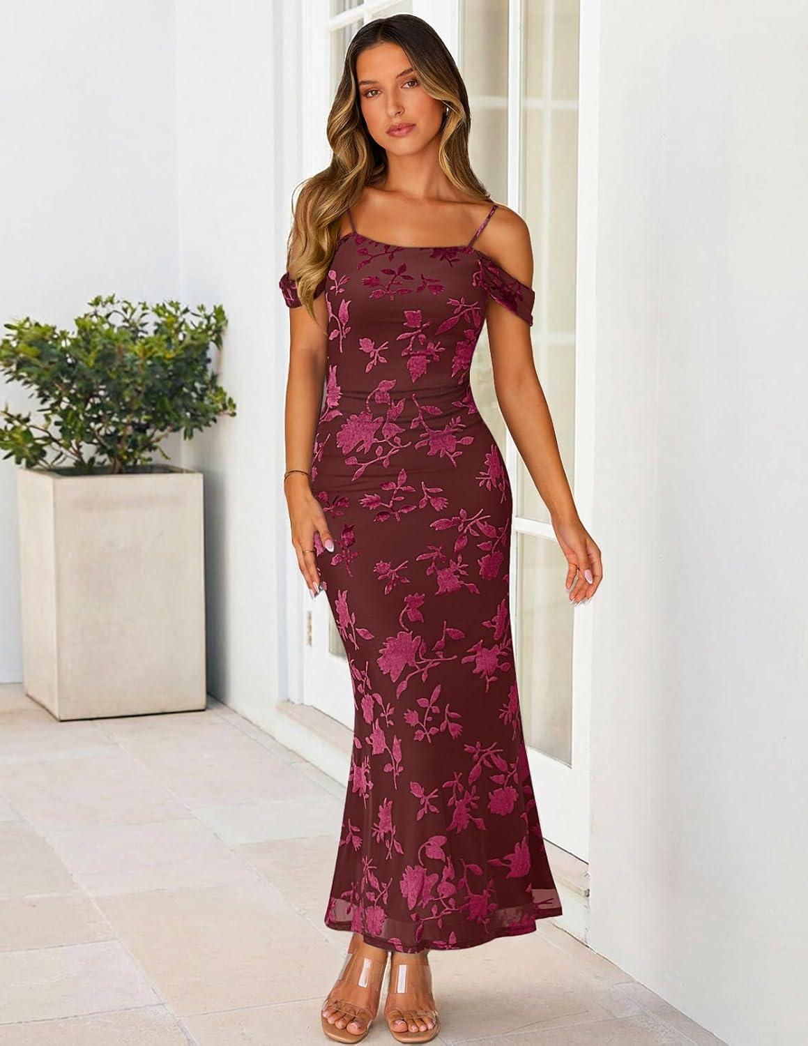 imageMEROKEETY Womens 2026 Summer Off The Shoulder Spaghetti Strap Floral Mesh Wedding Guest Cocktail Formal Party Maxi DressesWine