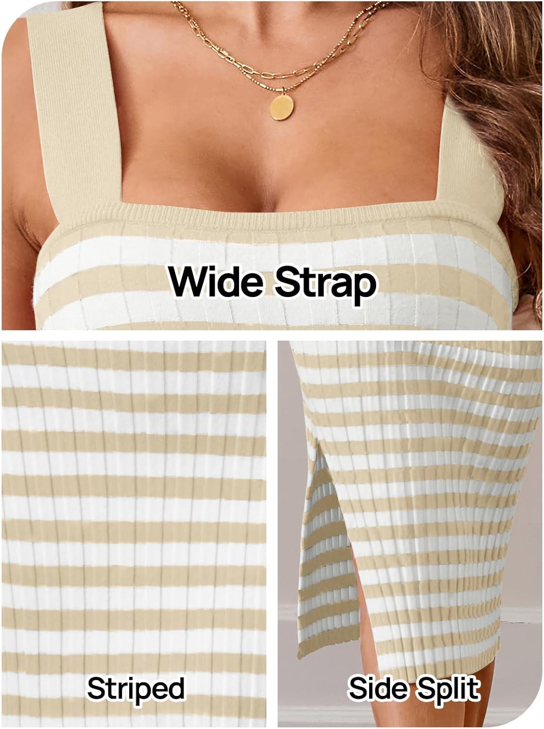 imageMEROKEETY Womens 2026 Summer Spring Bodycon Midi Dress Beach Vacation Sleeveless Striped Ribbed Knit Party Sweater DressesApricot