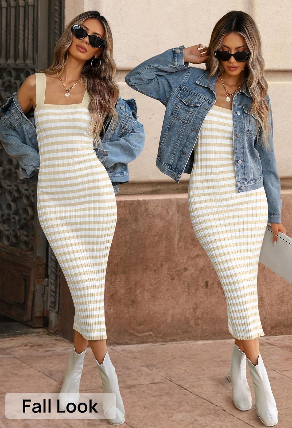 imageMEROKEETY Womens 2026 Summer Spring Bodycon Midi Dress Beach Vacation Sleeveless Striped Ribbed Knit Party Sweater DressesApricot