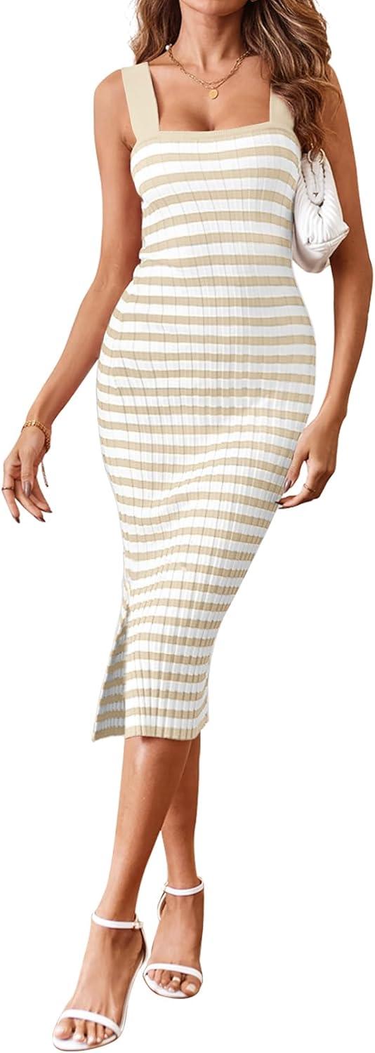 imageMEROKEETY Womens 2026 Summer Spring Bodycon Midi Dress Beach Vacation Sleeveless Striped Ribbed Knit Party Sweater DressesApricot