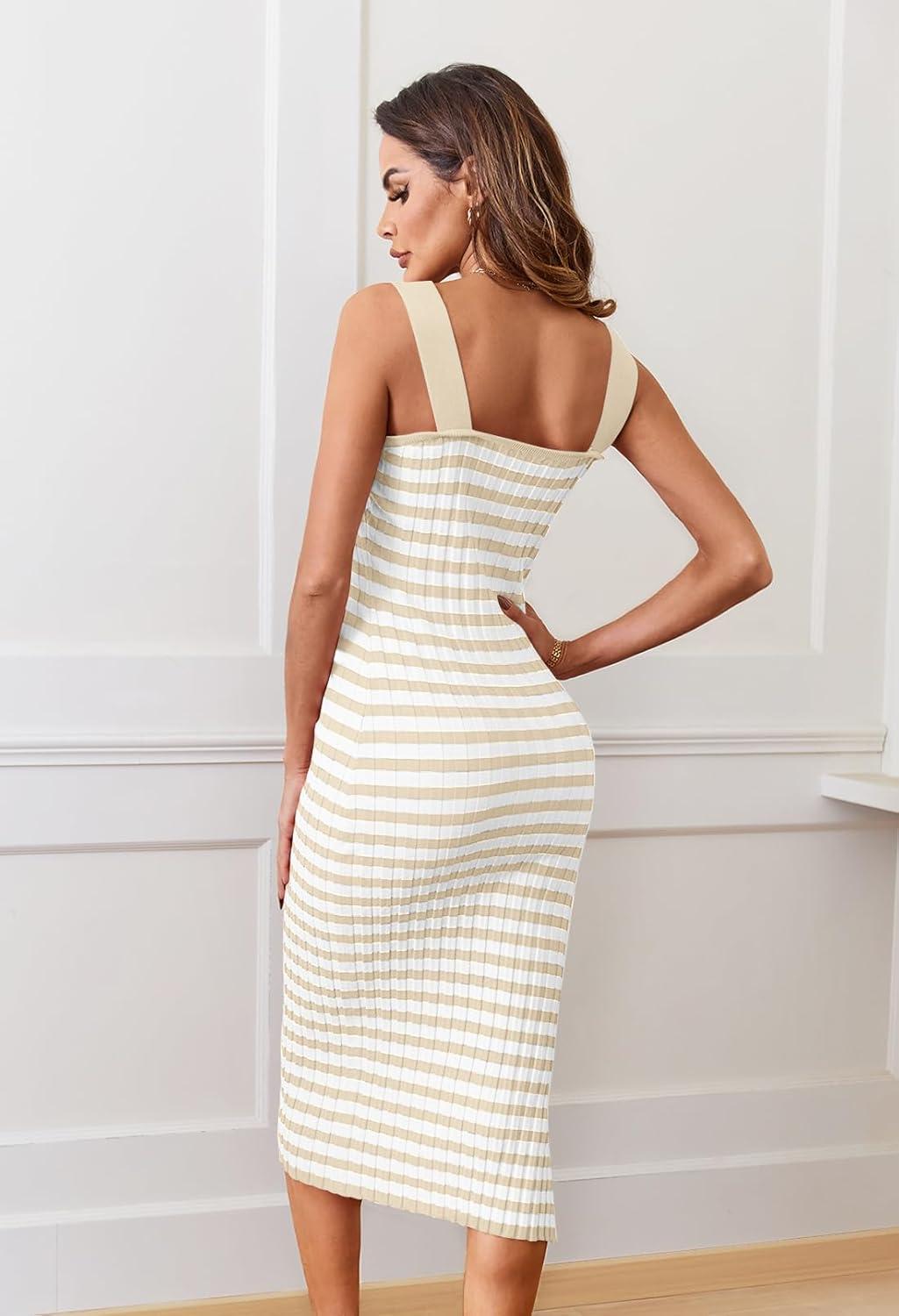 imageMEROKEETY Womens 2026 Summer Spring Bodycon Midi Dress Beach Vacation Sleeveless Striped Ribbed Knit Party Sweater DressesApricot