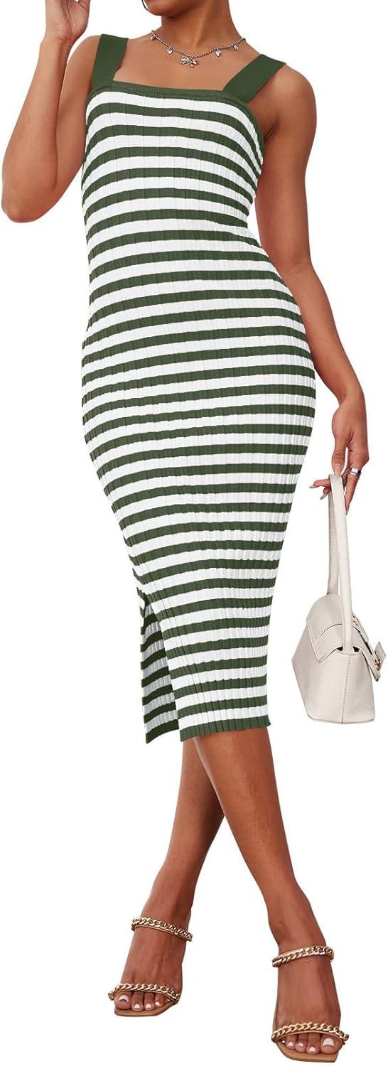 imageMEROKEETY Womens 2026 Summer Spring Bodycon Midi Dress Beach Vacation Sleeveless Striped Ribbed Knit Party Sweater DressesArmygreen