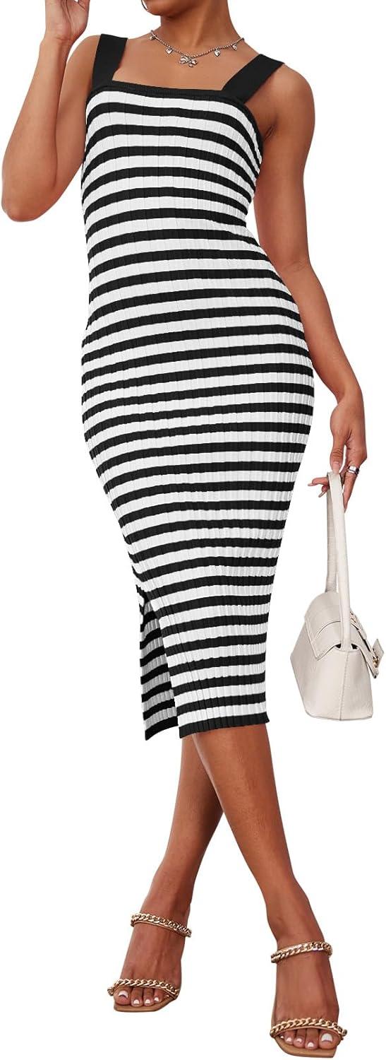 imageMEROKEETY Womens 2026 Summer Spring Bodycon Midi Dress Beach Vacation Sleeveless Striped Ribbed Knit Party Sweater DressesBlack