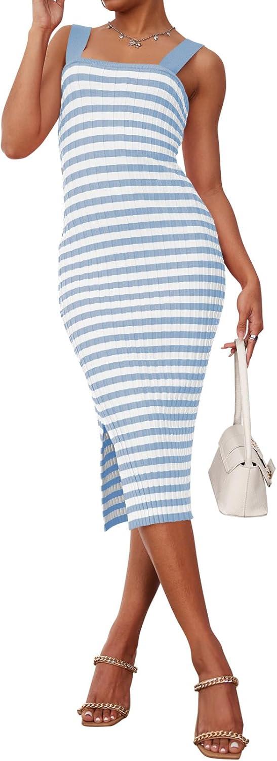 imageMEROKEETY Womens 2026 Summer Spring Bodycon Midi Dress Beach Vacation Sleeveless Striped Ribbed Knit Party Sweater DressesBlue