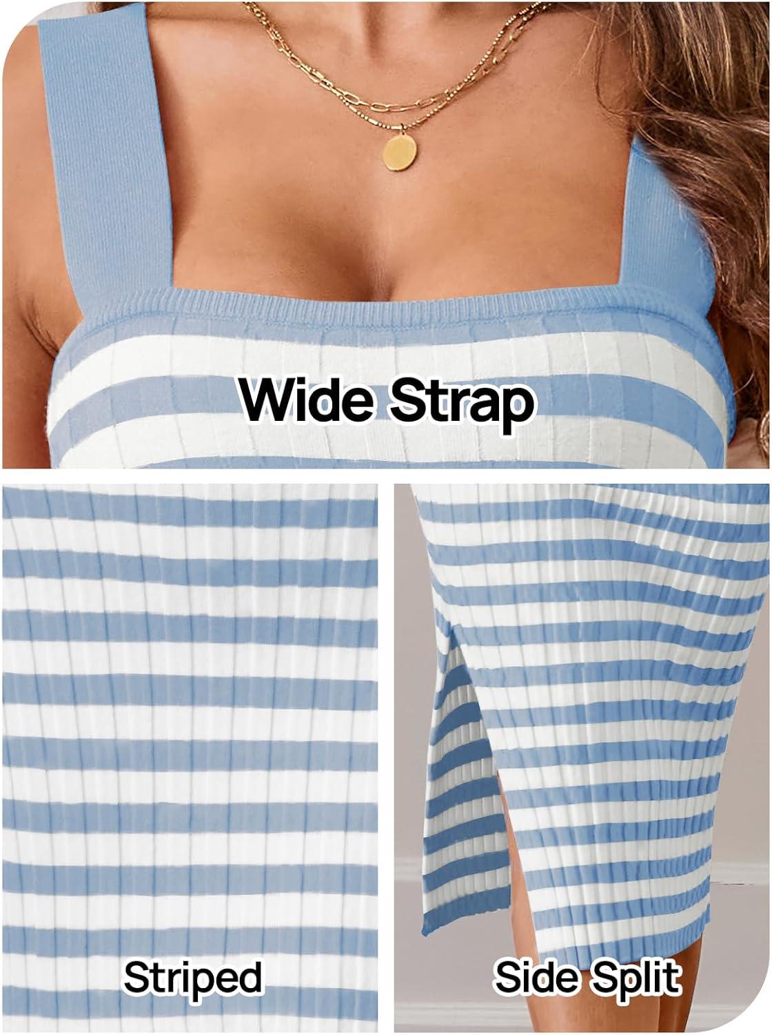 imageMEROKEETY Womens 2026 Summer Spring Bodycon Midi Dress Beach Vacation Sleeveless Striped Ribbed Knit Party Sweater DressesBlue
