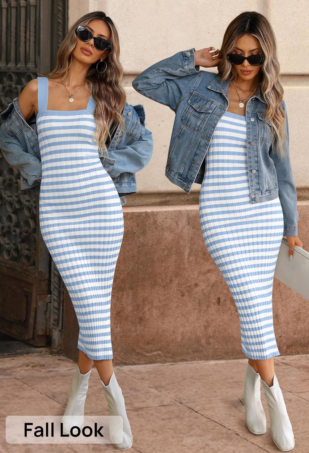 imageMEROKEETY Womens 2026 Summer Spring Bodycon Midi Dress Beach Vacation Sleeveless Striped Ribbed Knit Party Sweater DressesBlue