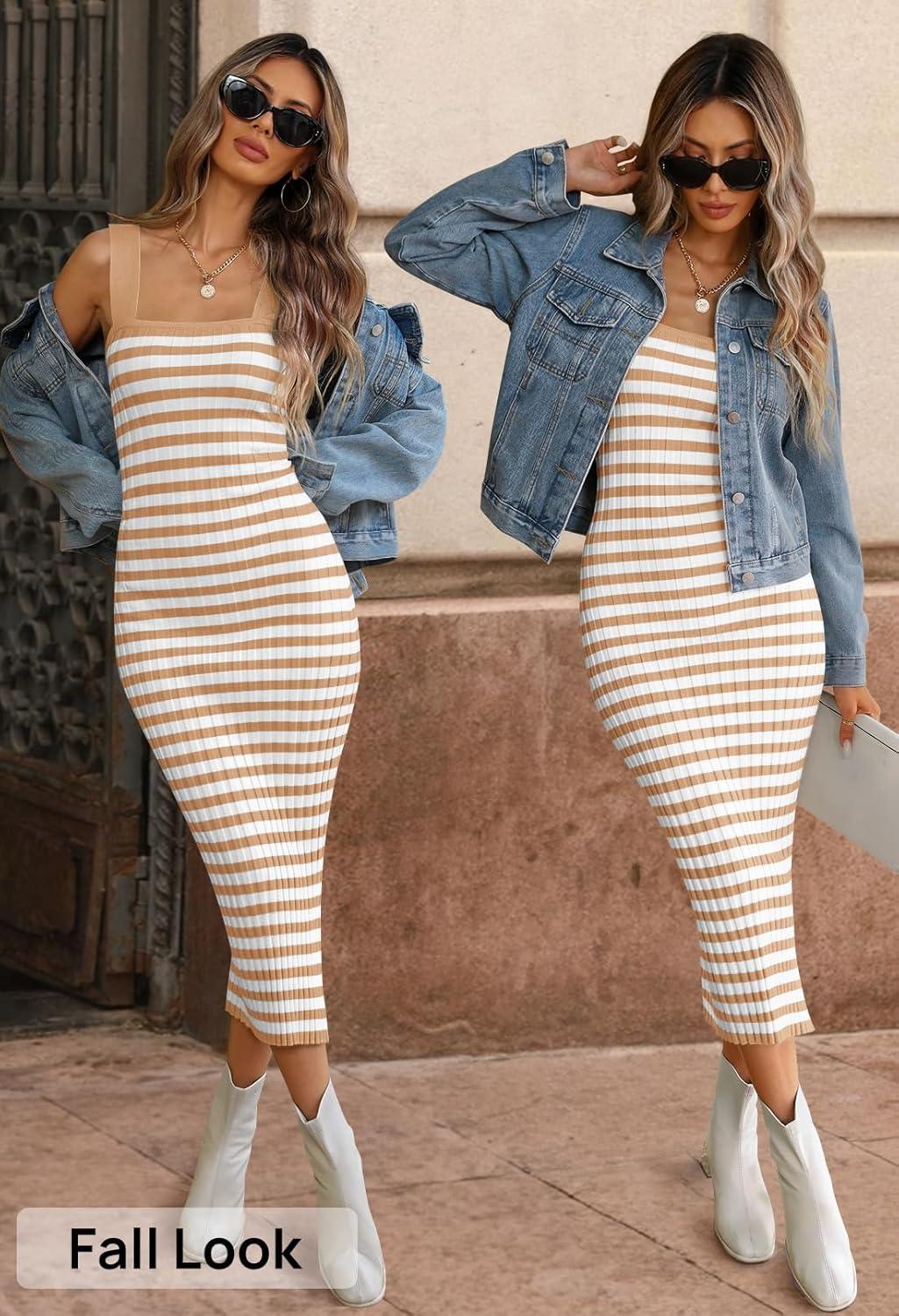 imageMEROKEETY Womens 2026 Summer Spring Bodycon Midi Dress Beach Vacation Sleeveless Striped Ribbed Knit Party Sweater DressesKhaki