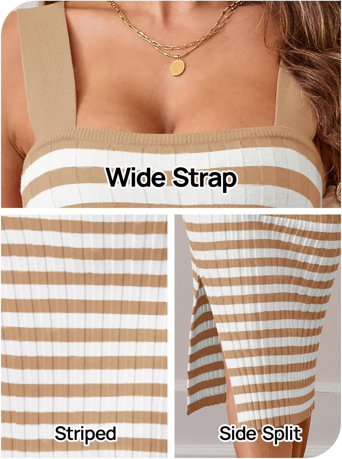 imageMEROKEETY Womens 2026 Summer Spring Bodycon Midi Dress Beach Vacation Sleeveless Striped Ribbed Knit Party Sweater DressesKhaki