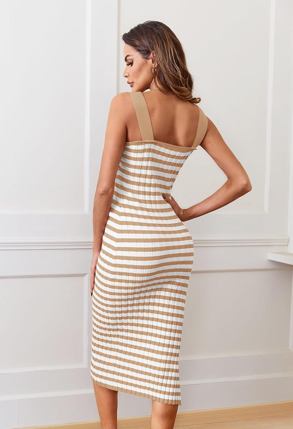 imageMEROKEETY Womens 2026 Summer Spring Bodycon Midi Dress Beach Vacation Sleeveless Striped Ribbed Knit Party Sweater DressesKhaki