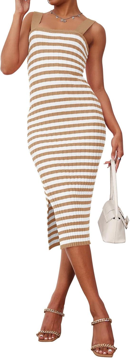 imageMEROKEETY Womens 2026 Summer Spring Bodycon Midi Dress Beach Vacation Sleeveless Striped Ribbed Knit Party Sweater DressesKhaki