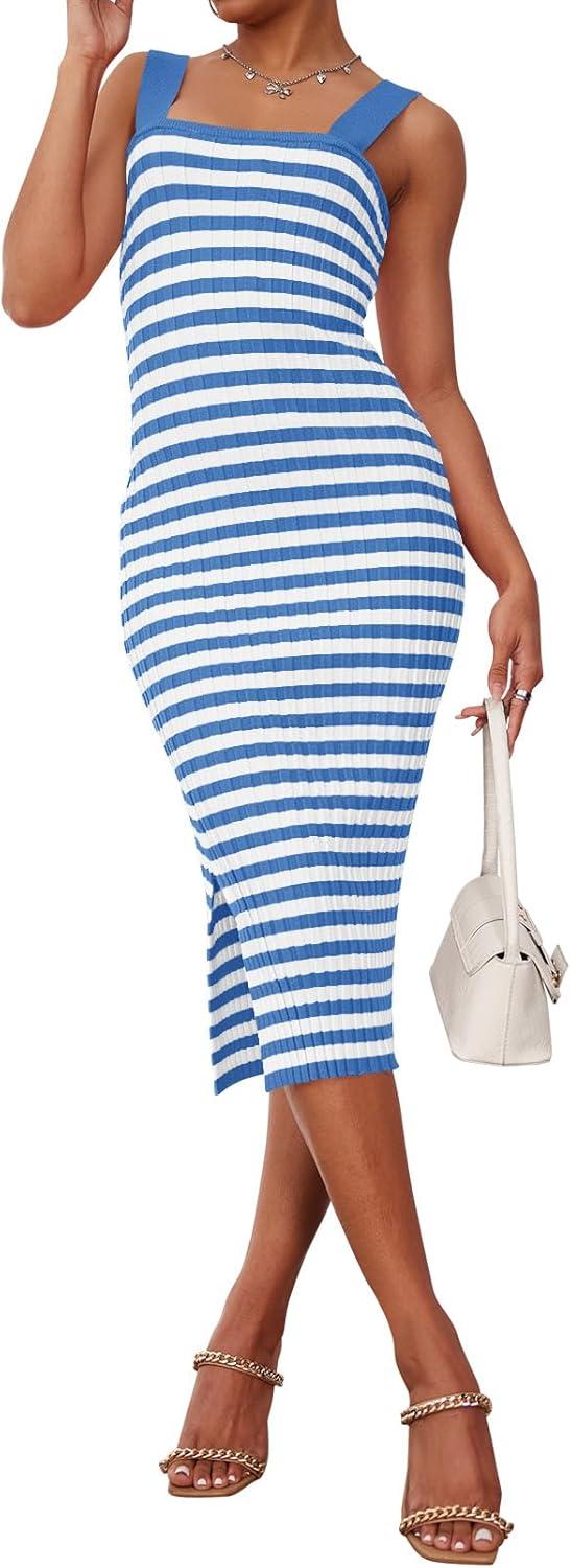 imageMEROKEETY Womens 2026 Summer Spring Bodycon Midi Dress Beach Vacation Sleeveless Striped Ribbed Knit Party Sweater DressesLakeblue