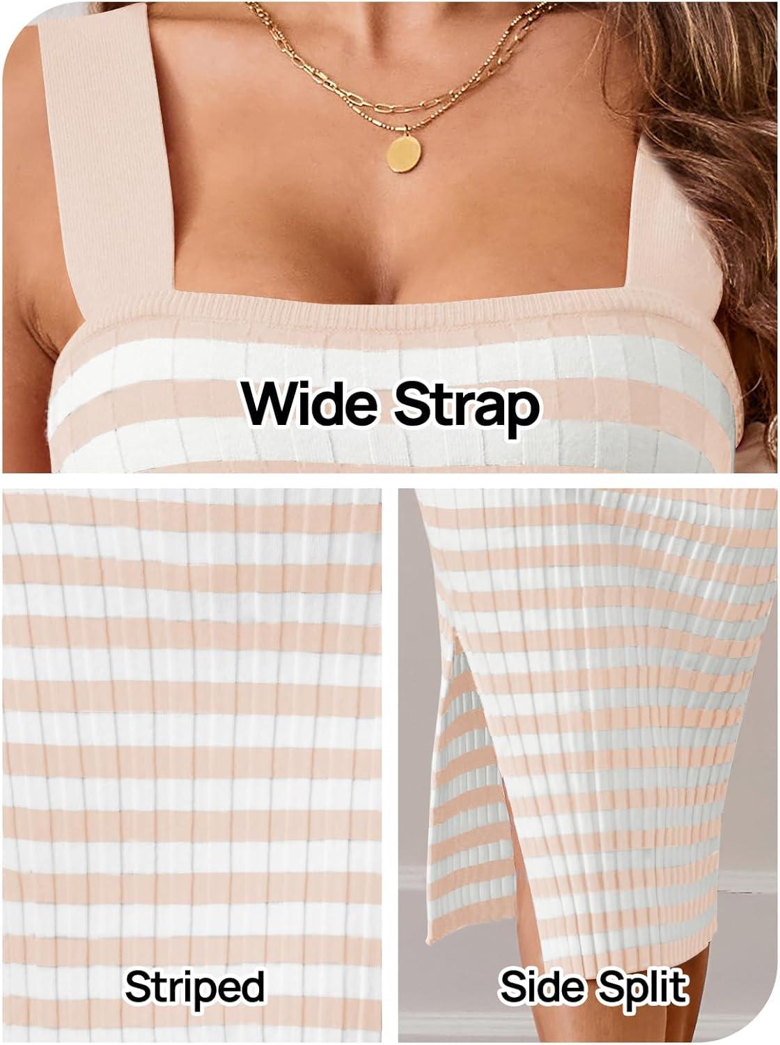 imageMEROKEETY Womens 2026 Summer Spring Bodycon Midi Dress Beach Vacation Sleeveless Striped Ribbed Knit Party Sweater DressesLightapricot