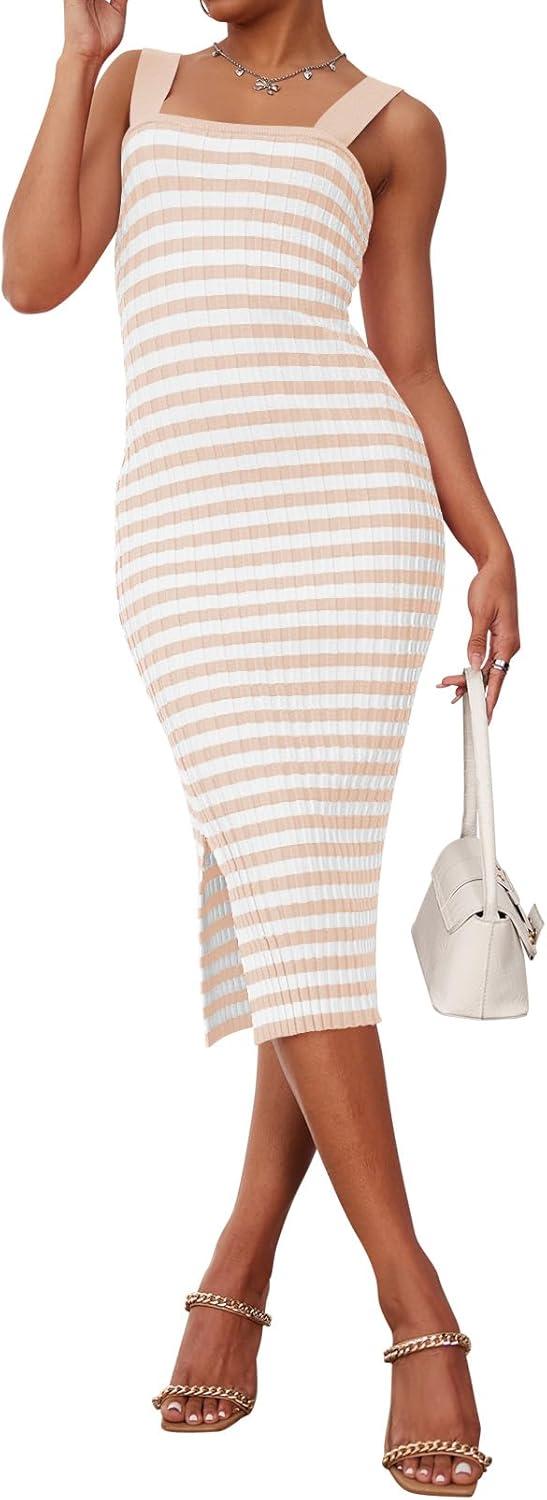 imageMEROKEETY Womens 2026 Summer Spring Bodycon Midi Dress Beach Vacation Sleeveless Striped Ribbed Knit Party Sweater DressesLightapricot