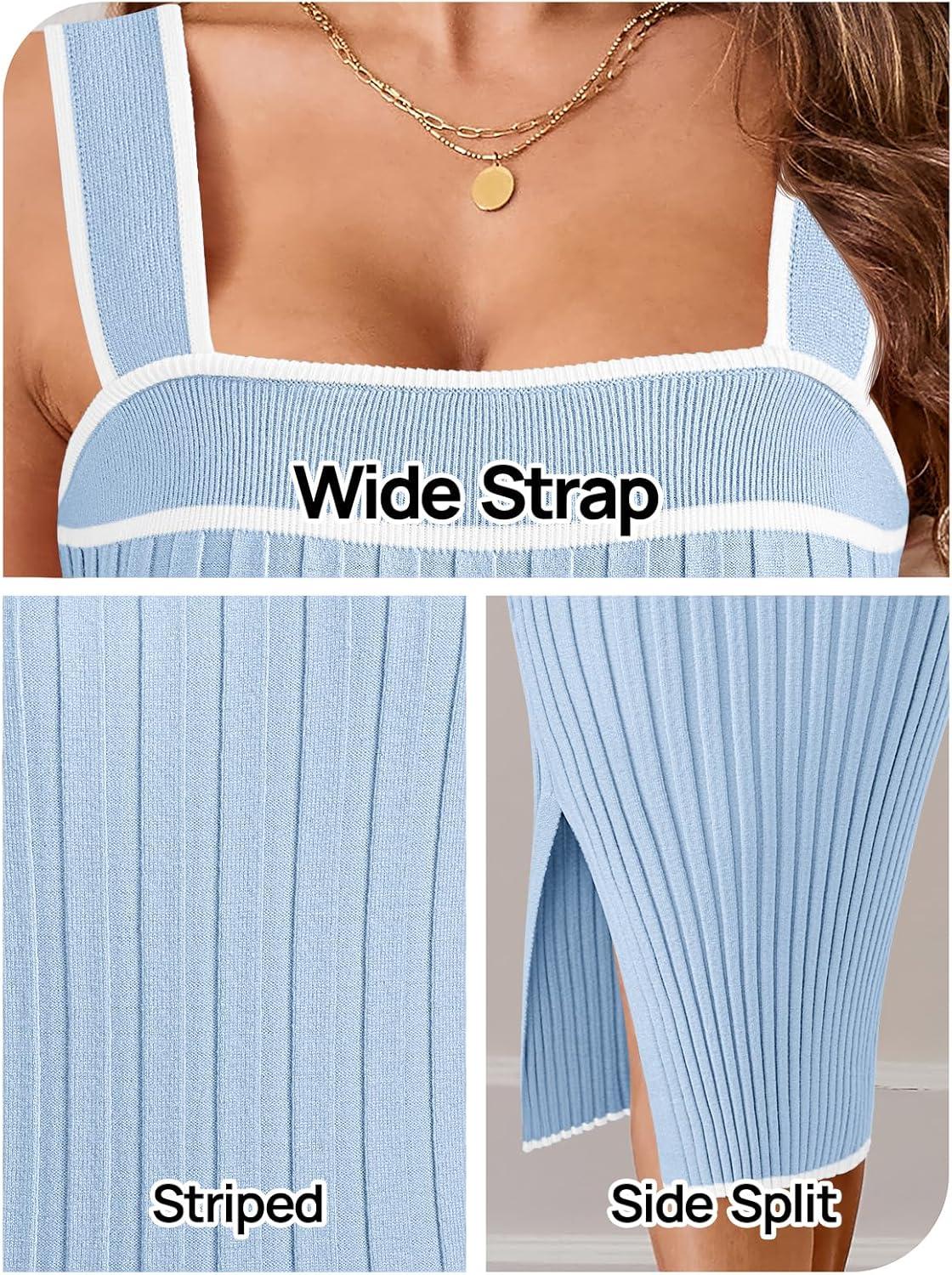 imageMEROKEETY Womens 2026 Summer Spring Bodycon Midi Dress Beach Vacation Sleeveless Striped Ribbed Knit Party Sweater DressesLightblue