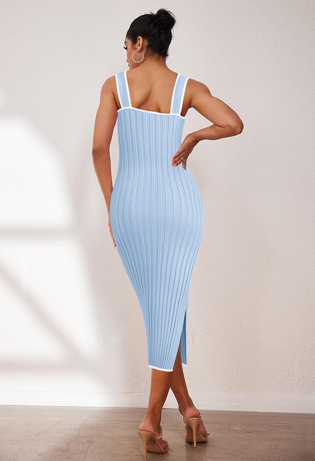 imageMEROKEETY Womens 2026 Summer Spring Bodycon Midi Dress Beach Vacation Sleeveless Striped Ribbed Knit Party Sweater DressesLightblue