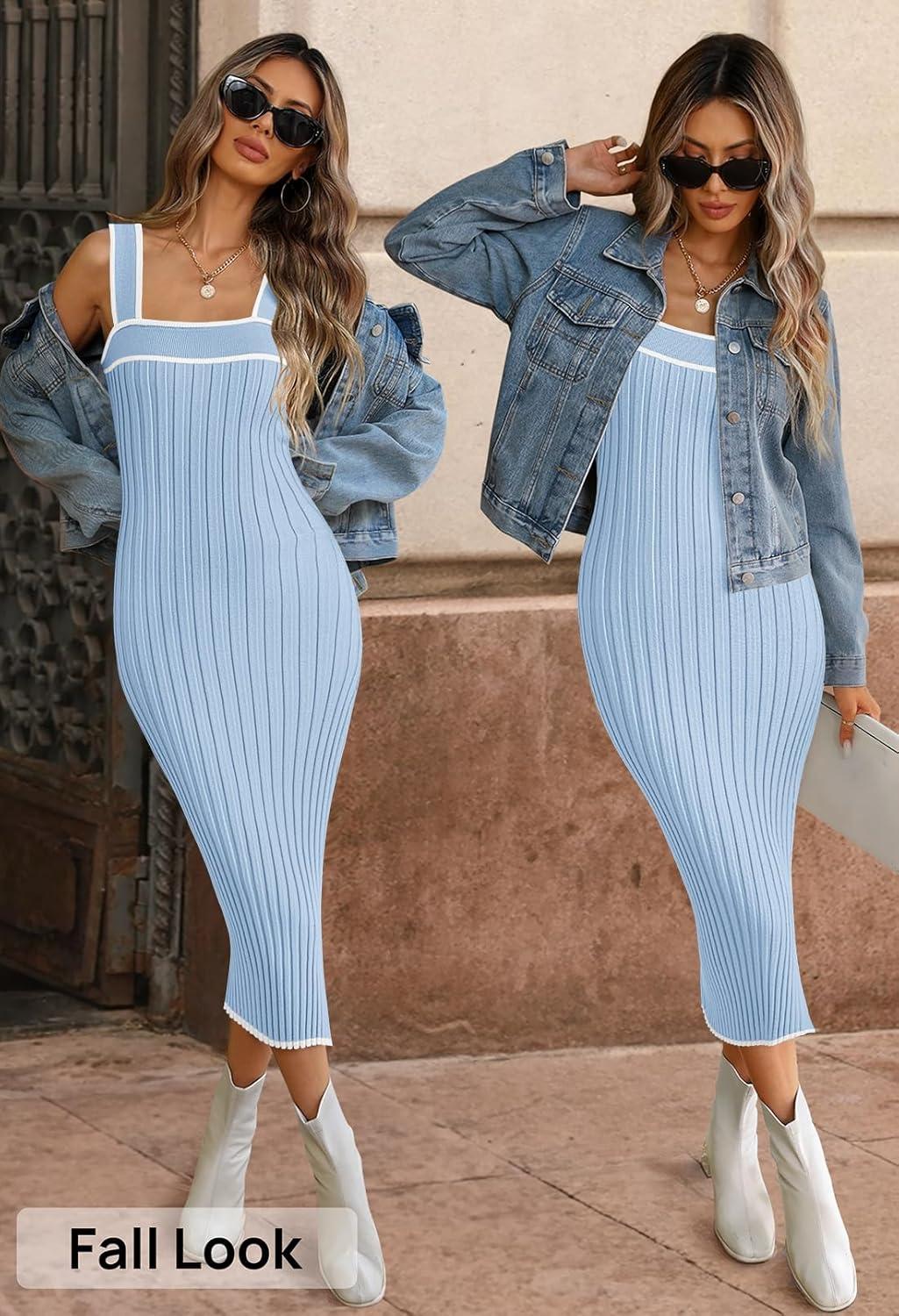imageMEROKEETY Womens 2026 Summer Spring Bodycon Midi Dress Beach Vacation Sleeveless Striped Ribbed Knit Party Sweater DressesLightblue