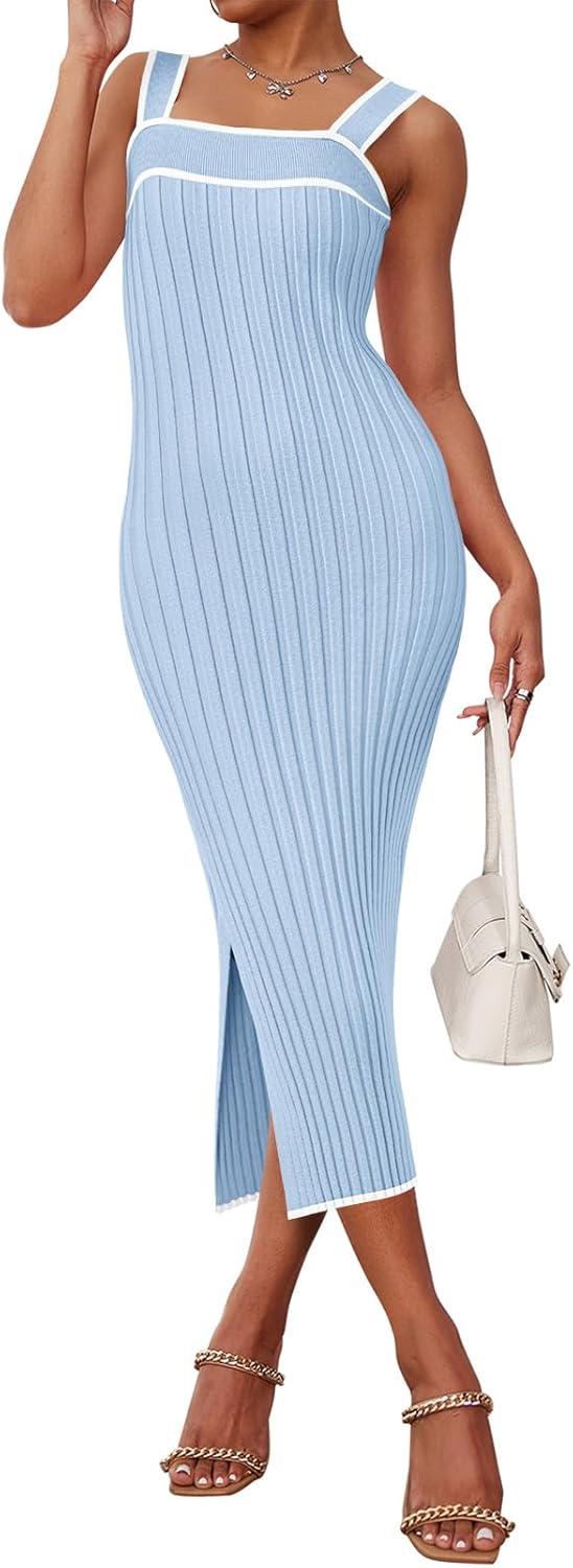imageMEROKEETY Womens 2026 Summer Spring Bodycon Midi Dress Beach Vacation Sleeveless Striped Ribbed Knit Party Sweater DressesLightblue