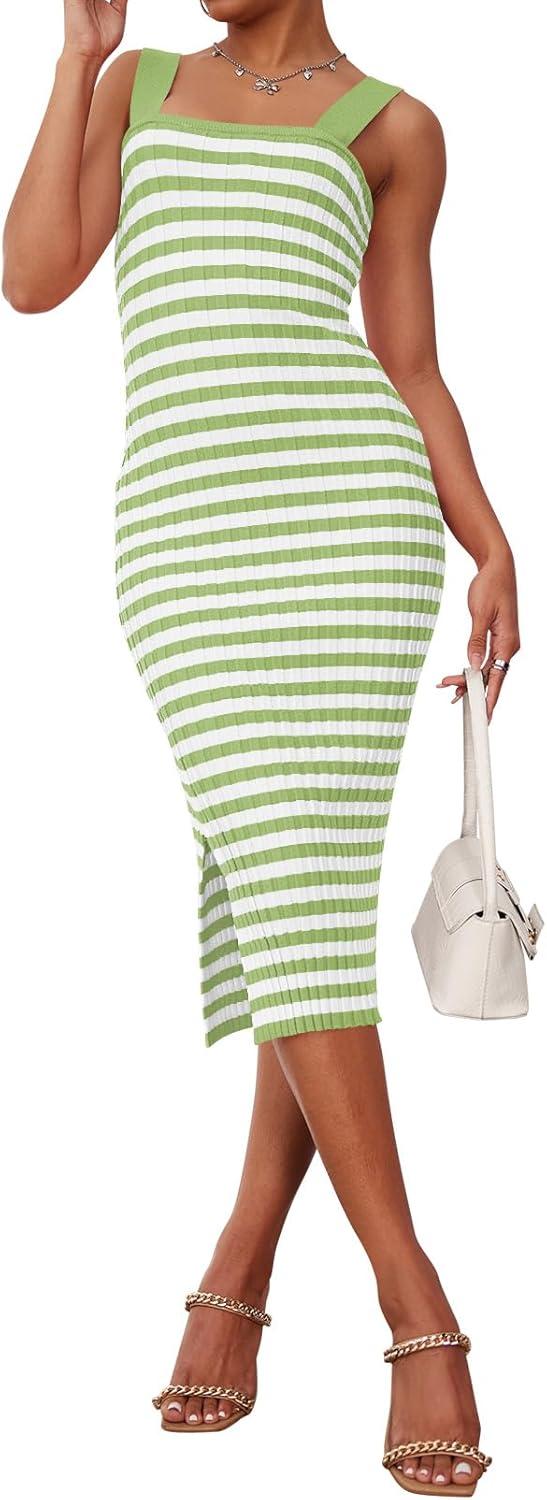 imageMEROKEETY Womens 2026 Summer Spring Bodycon Midi Dress Beach Vacation Sleeveless Striped Ribbed Knit Party Sweater DressesLightgreen