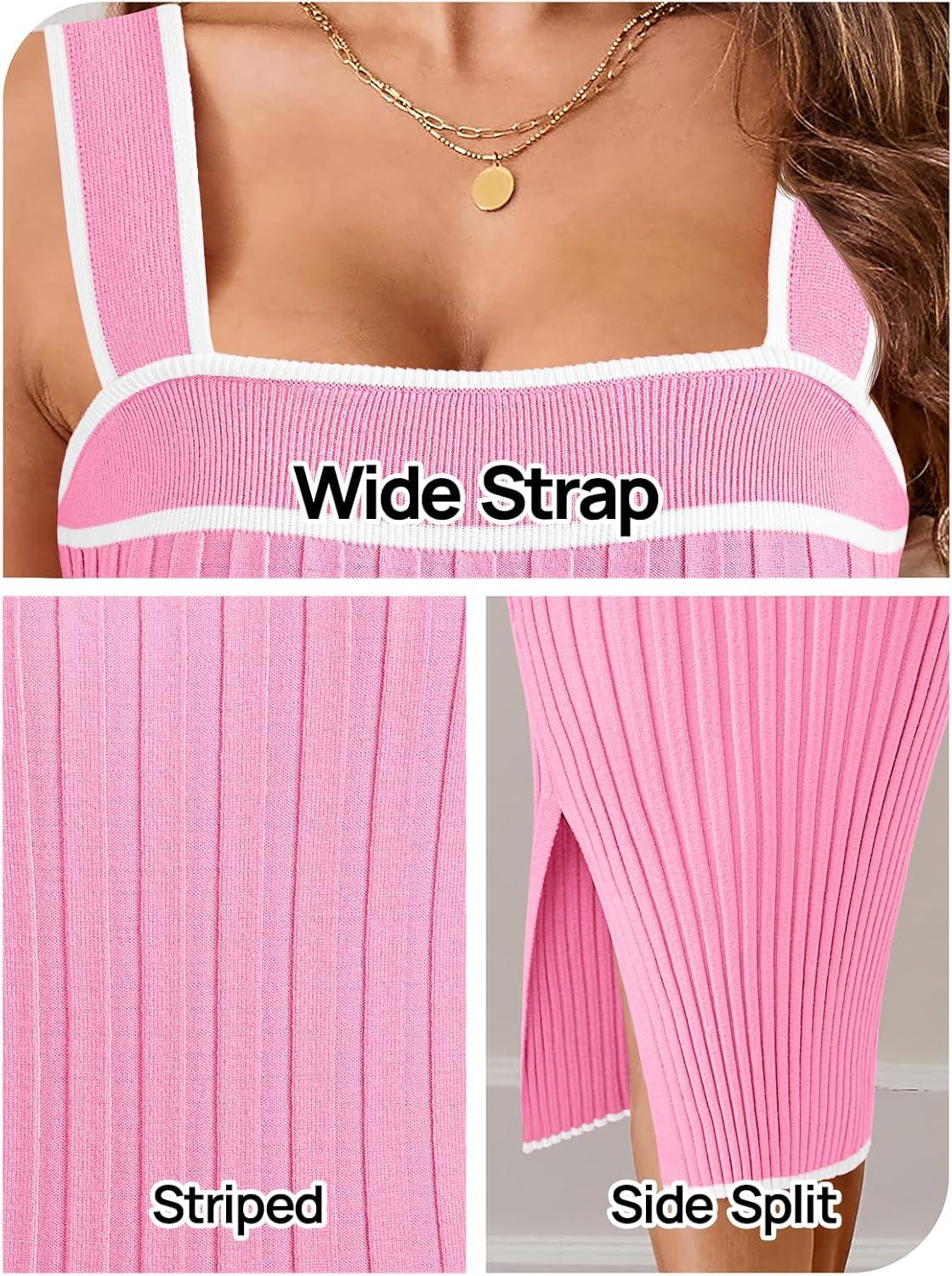 imageMEROKEETY Womens 2026 Summer Spring Bodycon Midi Dress Beach Vacation Sleeveless Striped Ribbed Knit Party Sweater DressesLightpink