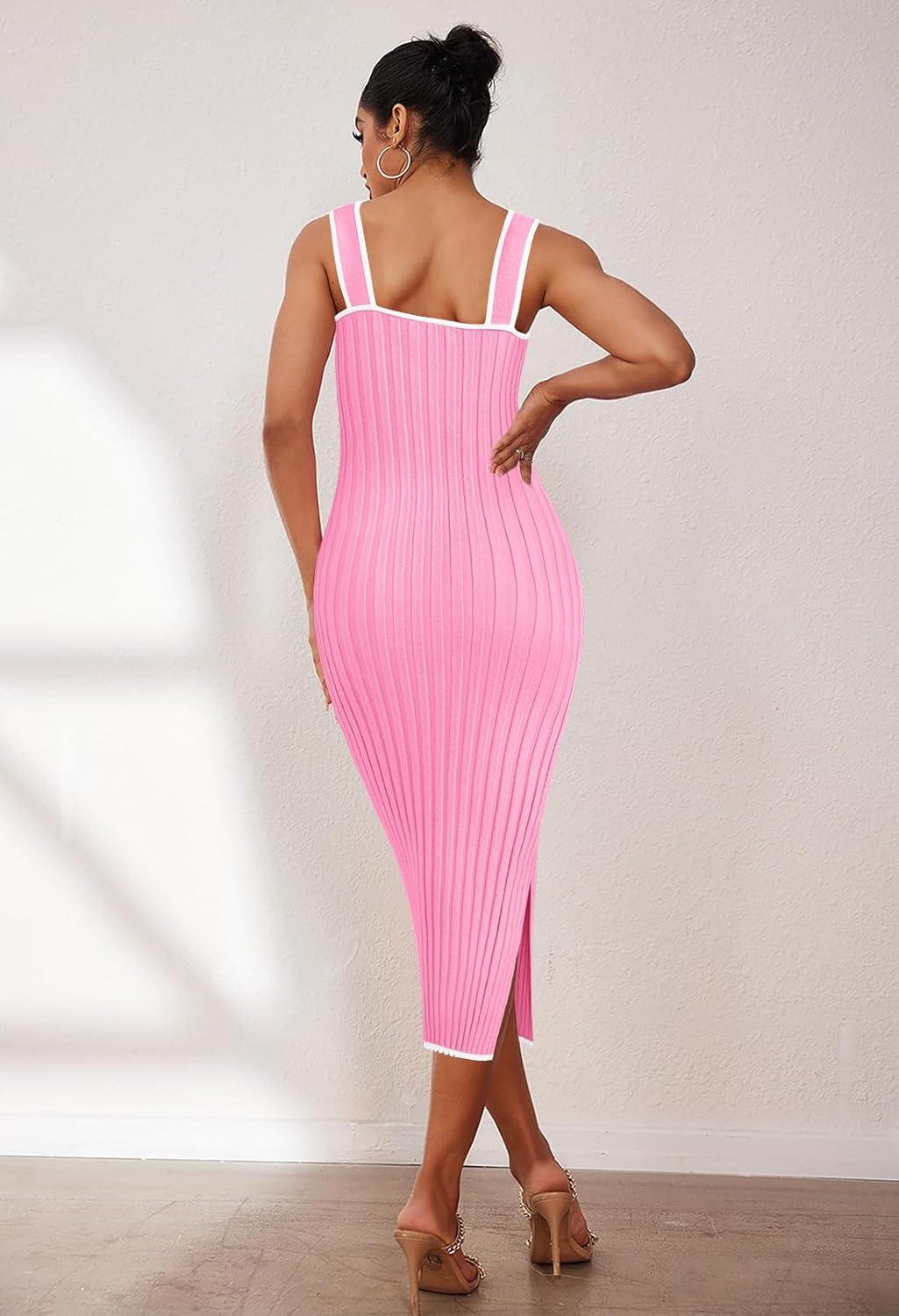 imageMEROKEETY Womens 2026 Summer Spring Bodycon Midi Dress Beach Vacation Sleeveless Striped Ribbed Knit Party Sweater DressesLightpink