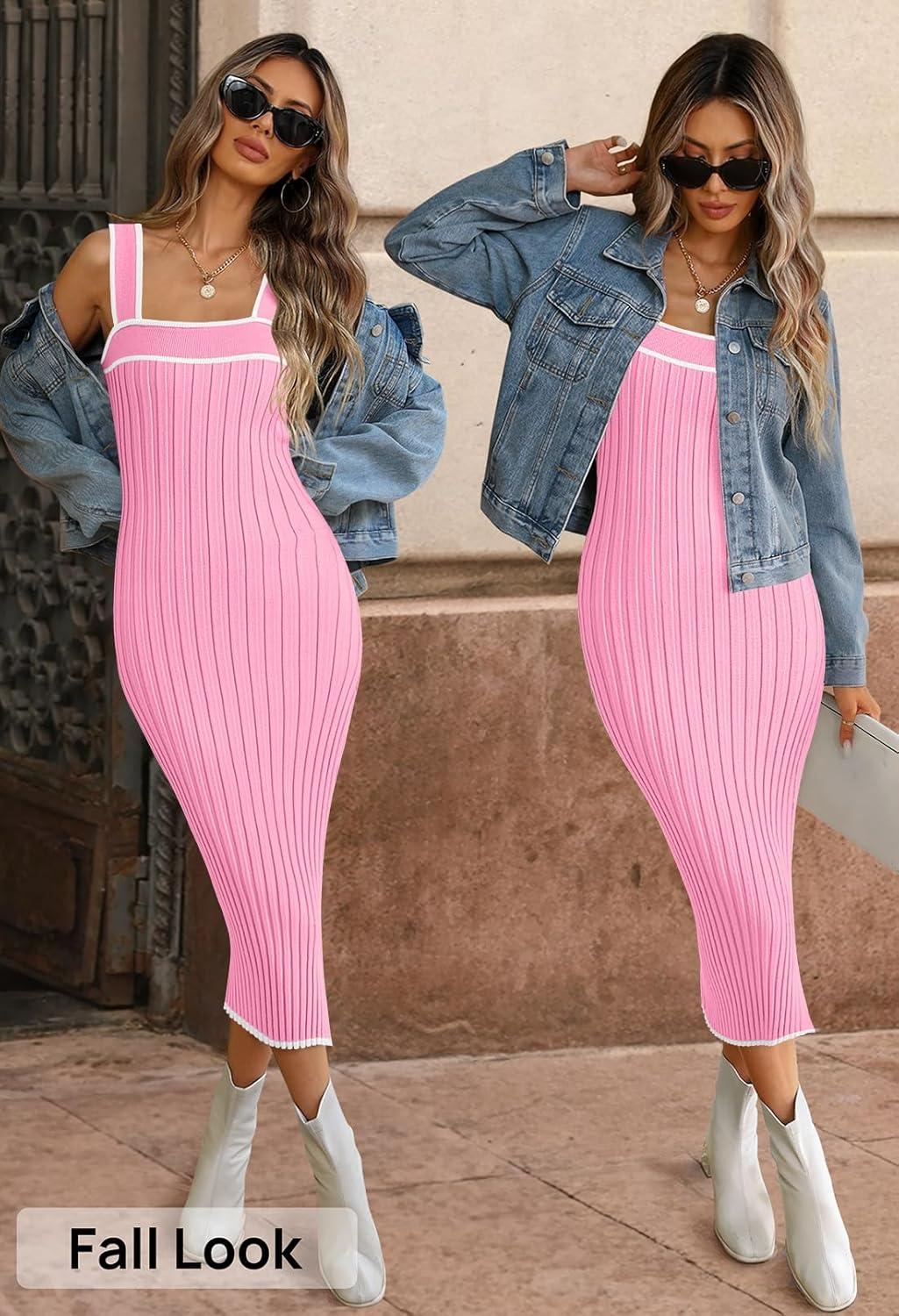 imageMEROKEETY Womens 2026 Summer Spring Bodycon Midi Dress Beach Vacation Sleeveless Striped Ribbed Knit Party Sweater DressesLightpink