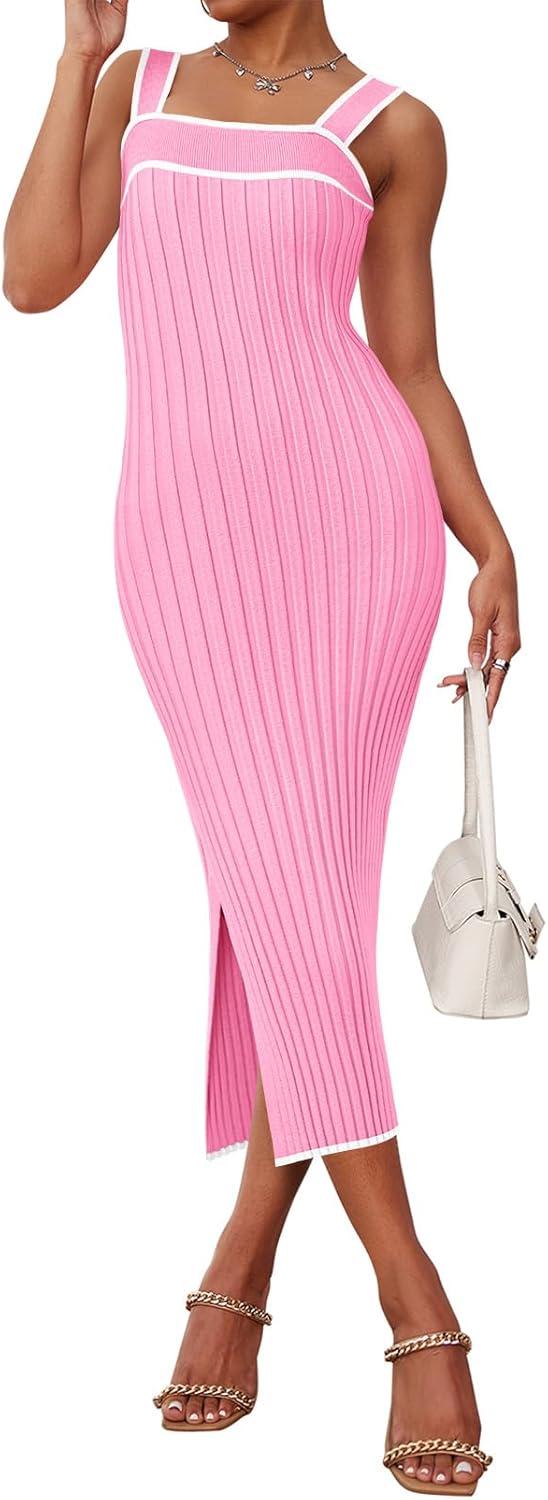 imageMEROKEETY Womens 2026 Summer Spring Bodycon Midi Dress Beach Vacation Sleeveless Striped Ribbed Knit Party Sweater DressesLightpink