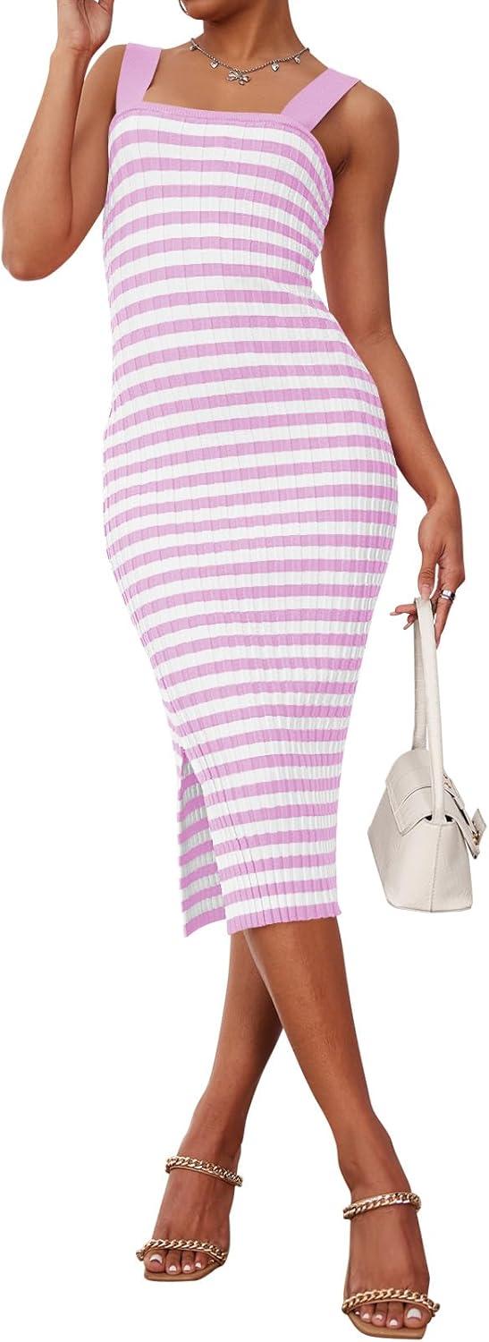 imageMEROKEETY Womens 2026 Summer Spring Bodycon Midi Dress Beach Vacation Sleeveless Striped Ribbed Knit Party Sweater DressesLightpurple