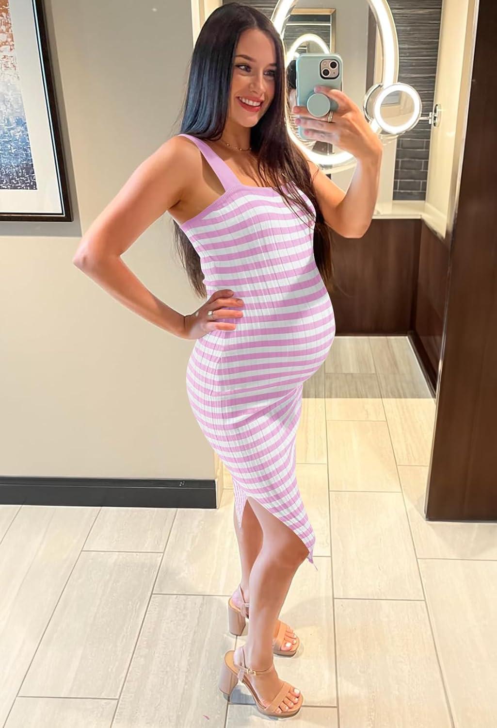 imageMEROKEETY Womens 2026 Summer Spring Bodycon Midi Dress Beach Vacation Sleeveless Striped Ribbed Knit Party Sweater DressesLightpurple