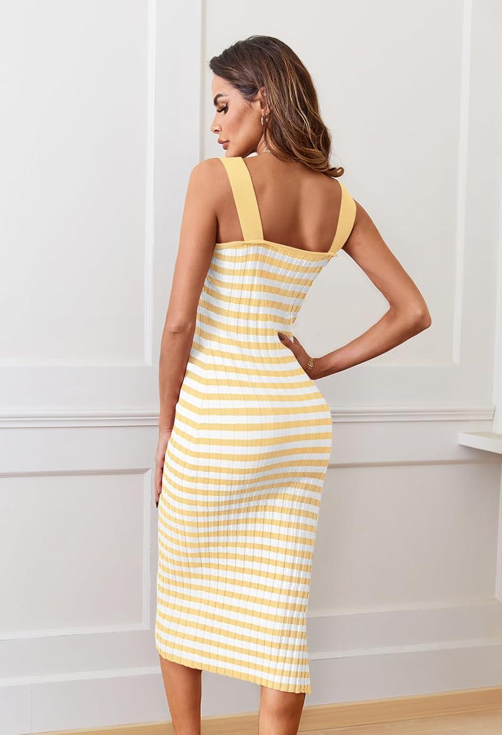 imageMEROKEETY Womens 2026 Summer Spring Bodycon Midi Dress Beach Vacation Sleeveless Striped Ribbed Knit Party Sweater DressesLightyellow