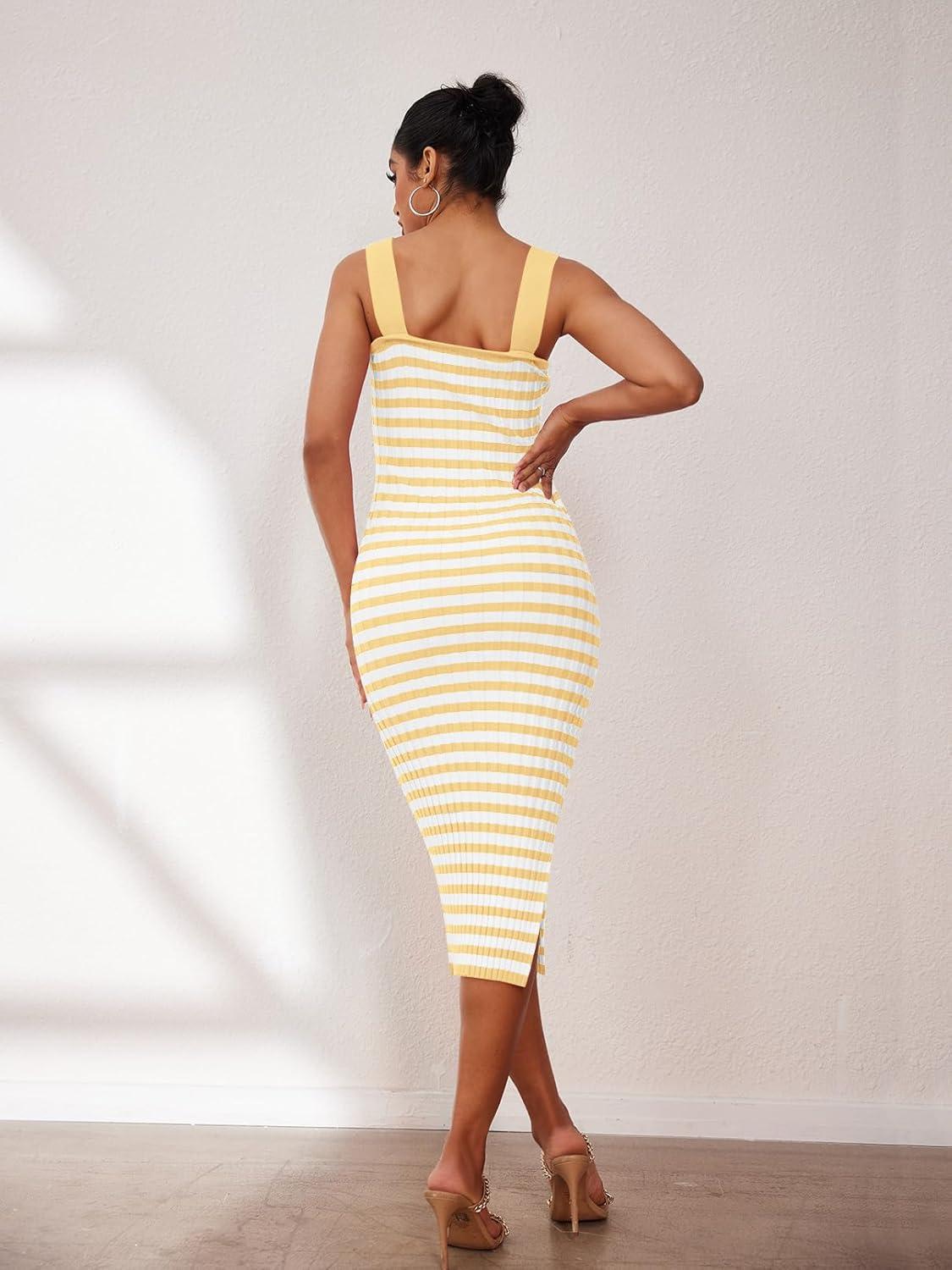 imageMEROKEETY Womens 2026 Summer Spring Bodycon Midi Dress Beach Vacation Sleeveless Striped Ribbed Knit Party Sweater DressesLightyellow