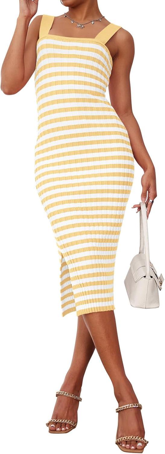 imageMEROKEETY Womens 2026 Summer Spring Bodycon Midi Dress Beach Vacation Sleeveless Striped Ribbed Knit Party Sweater DressesLightyellow