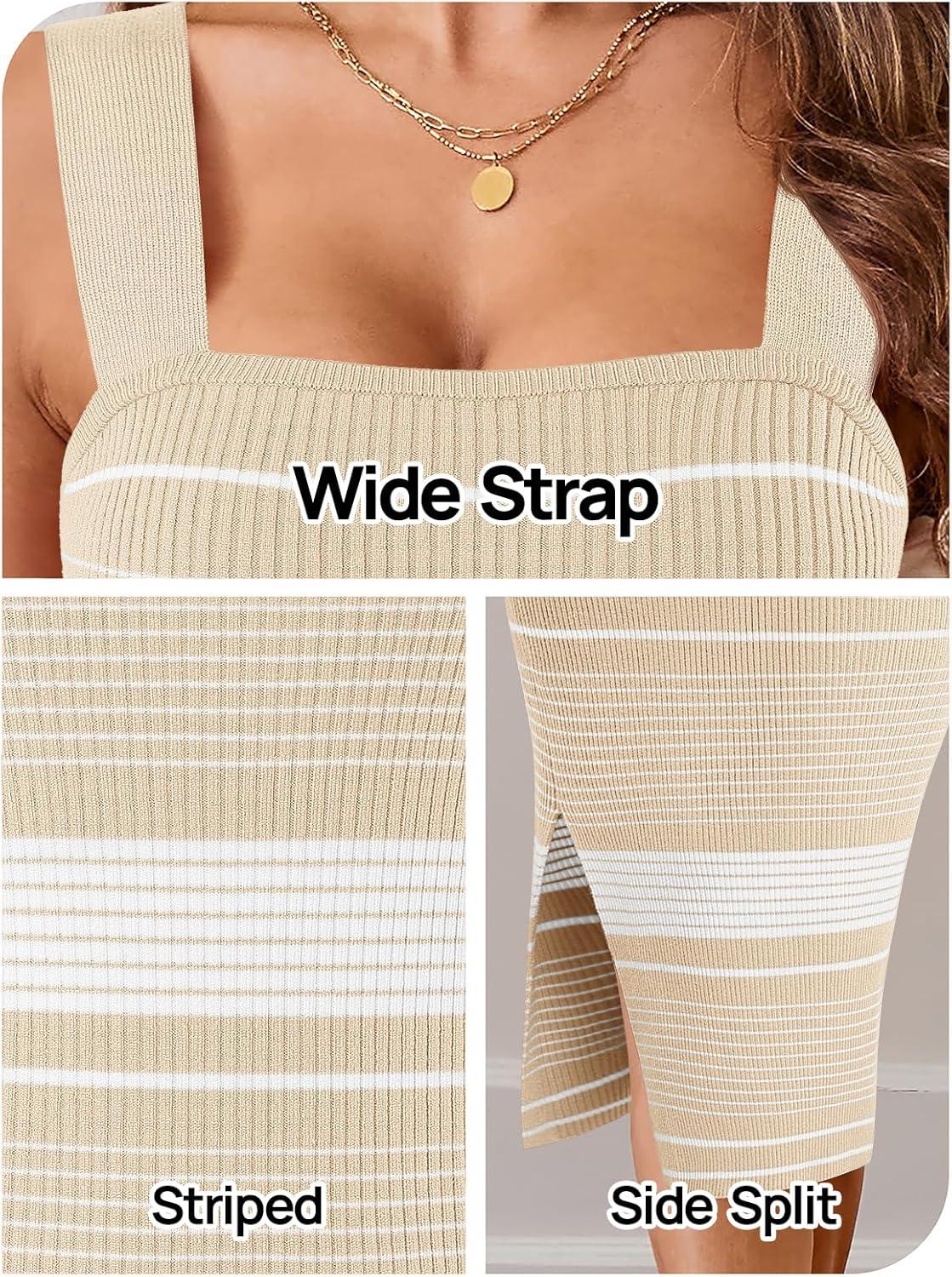 imageMEROKEETY Womens 2026 Summer Spring Bodycon Midi Dress Beach Vacation Sleeveless Striped Ribbed Knit Party Sweater DressesNewbeige