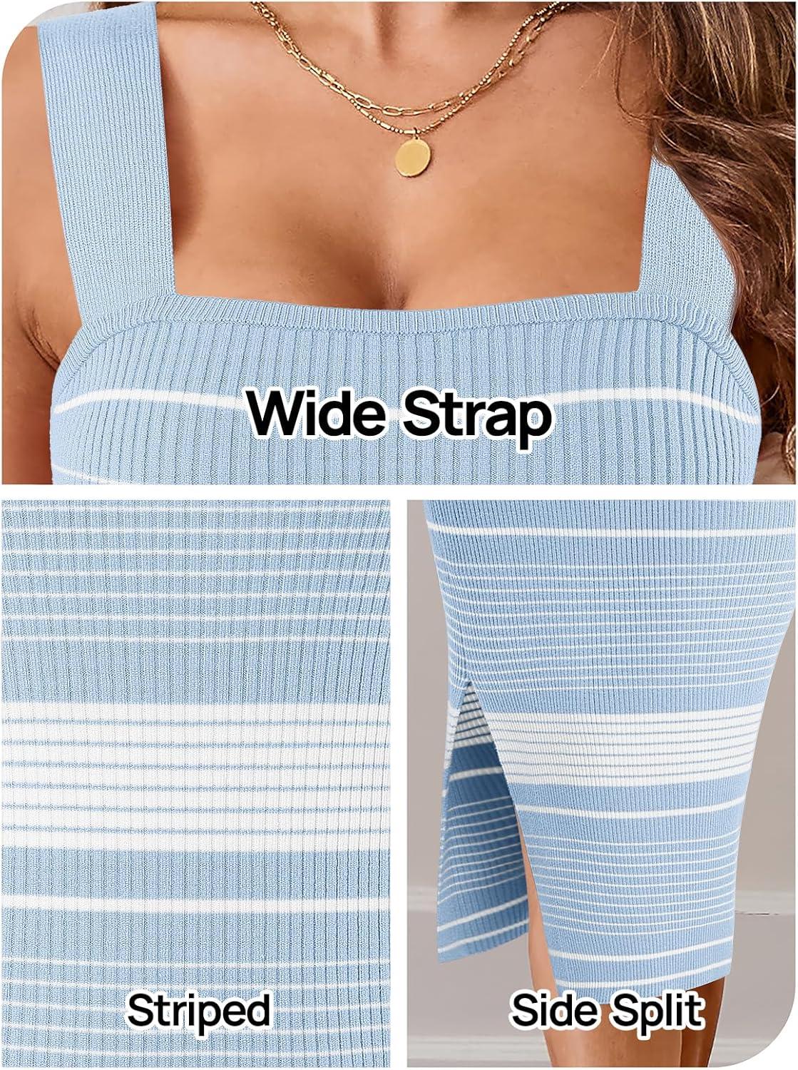 imageMEROKEETY Womens 2026 Summer Spring Bodycon Midi Dress Beach Vacation Sleeveless Striped Ribbed Knit Party Sweater DressesNewblue