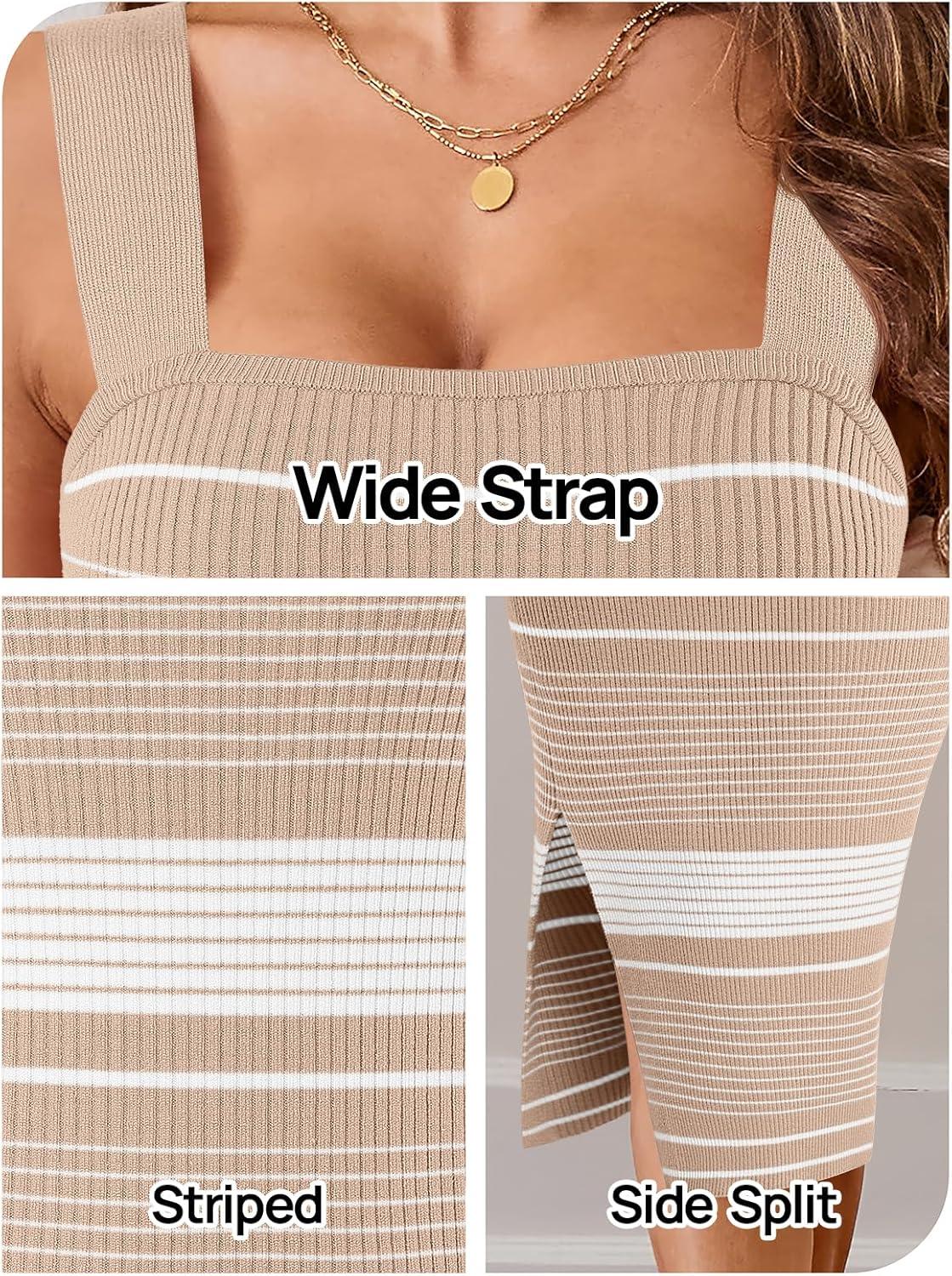 imageMEROKEETY Womens 2026 Summer Spring Bodycon Midi Dress Beach Vacation Sleeveless Striped Ribbed Knit Party Sweater DressesNewbrown