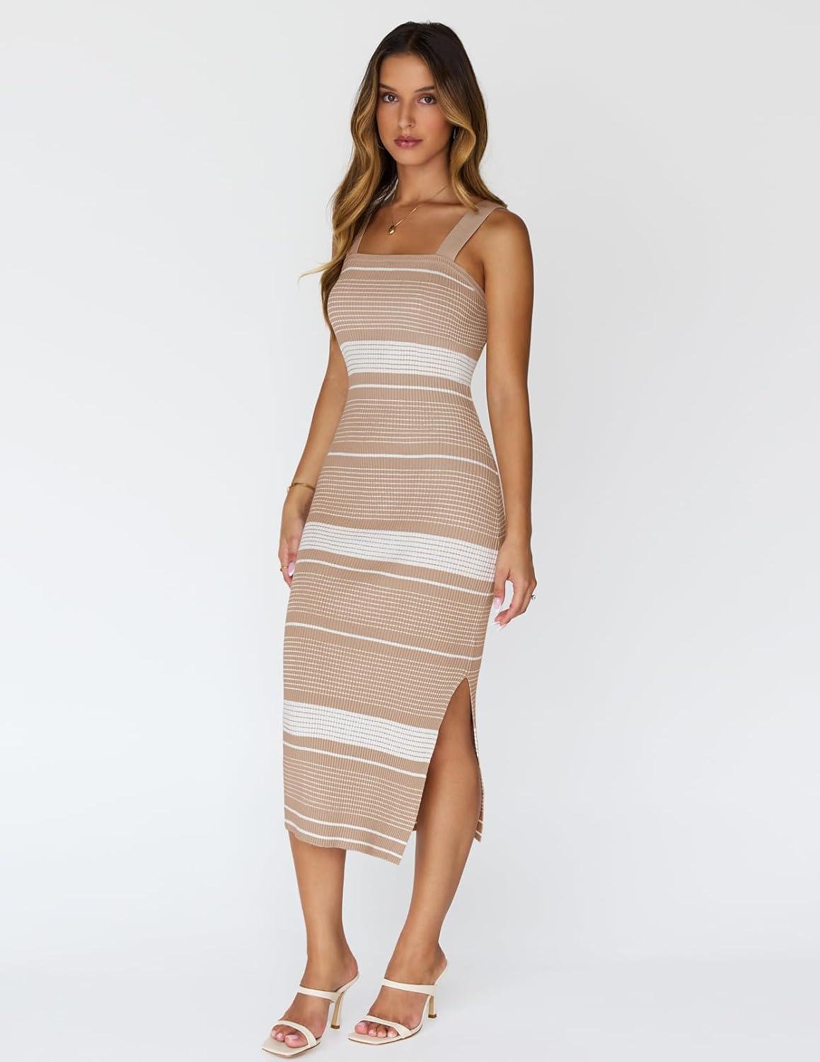 imageMEROKEETY Womens 2026 Summer Spring Bodycon Midi Dress Beach Vacation Sleeveless Striped Ribbed Knit Party Sweater DressesNewbrown