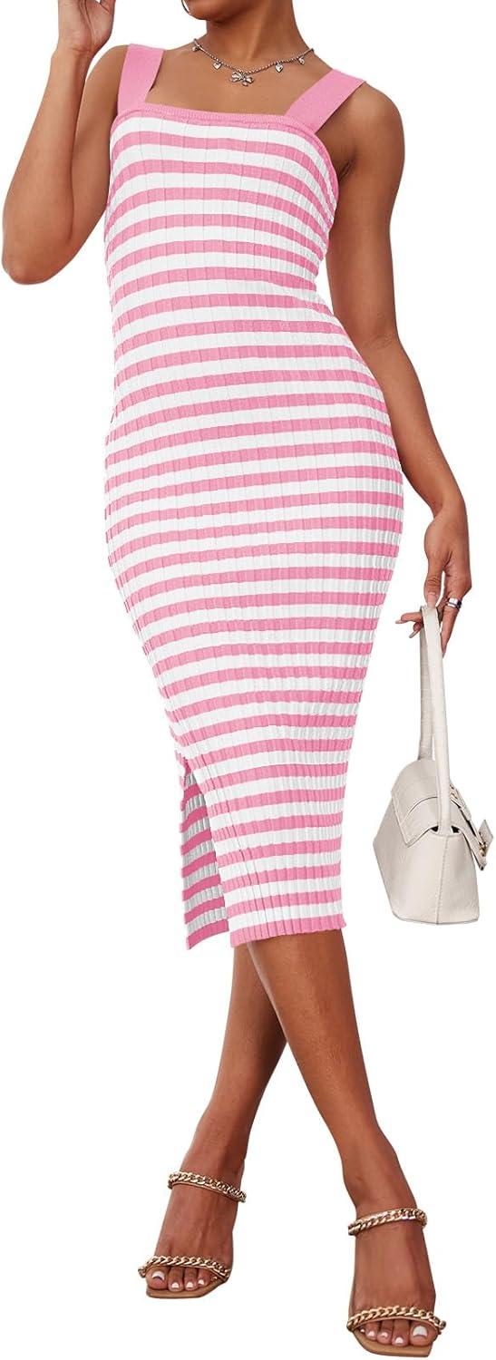 imageMEROKEETY Womens 2026 Summer Spring Bodycon Midi Dress Beach Vacation Sleeveless Striped Ribbed Knit Party Sweater DressesPink