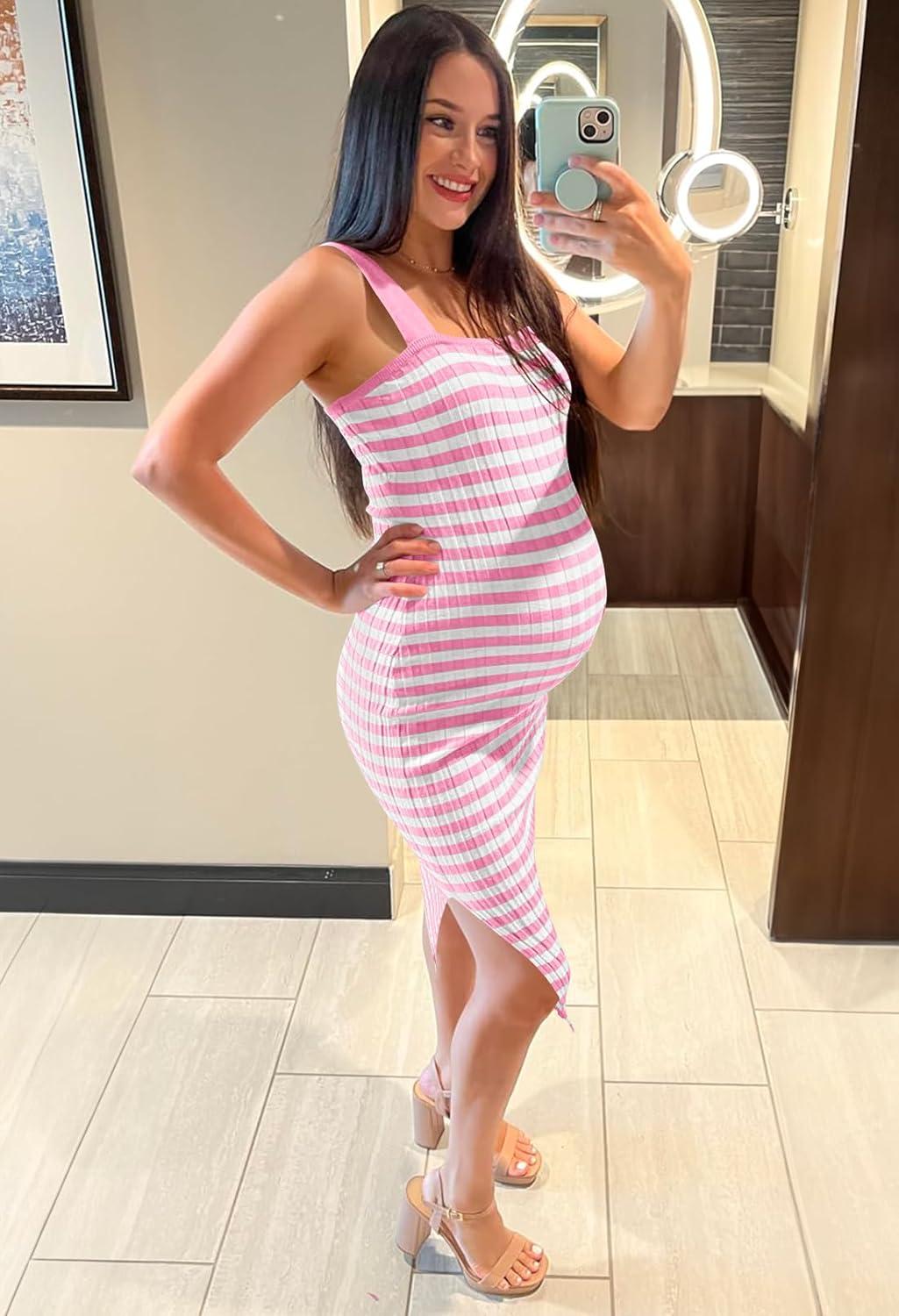 imageMEROKEETY Womens 2026 Summer Spring Bodycon Midi Dress Beach Vacation Sleeveless Striped Ribbed Knit Party Sweater DressesPink