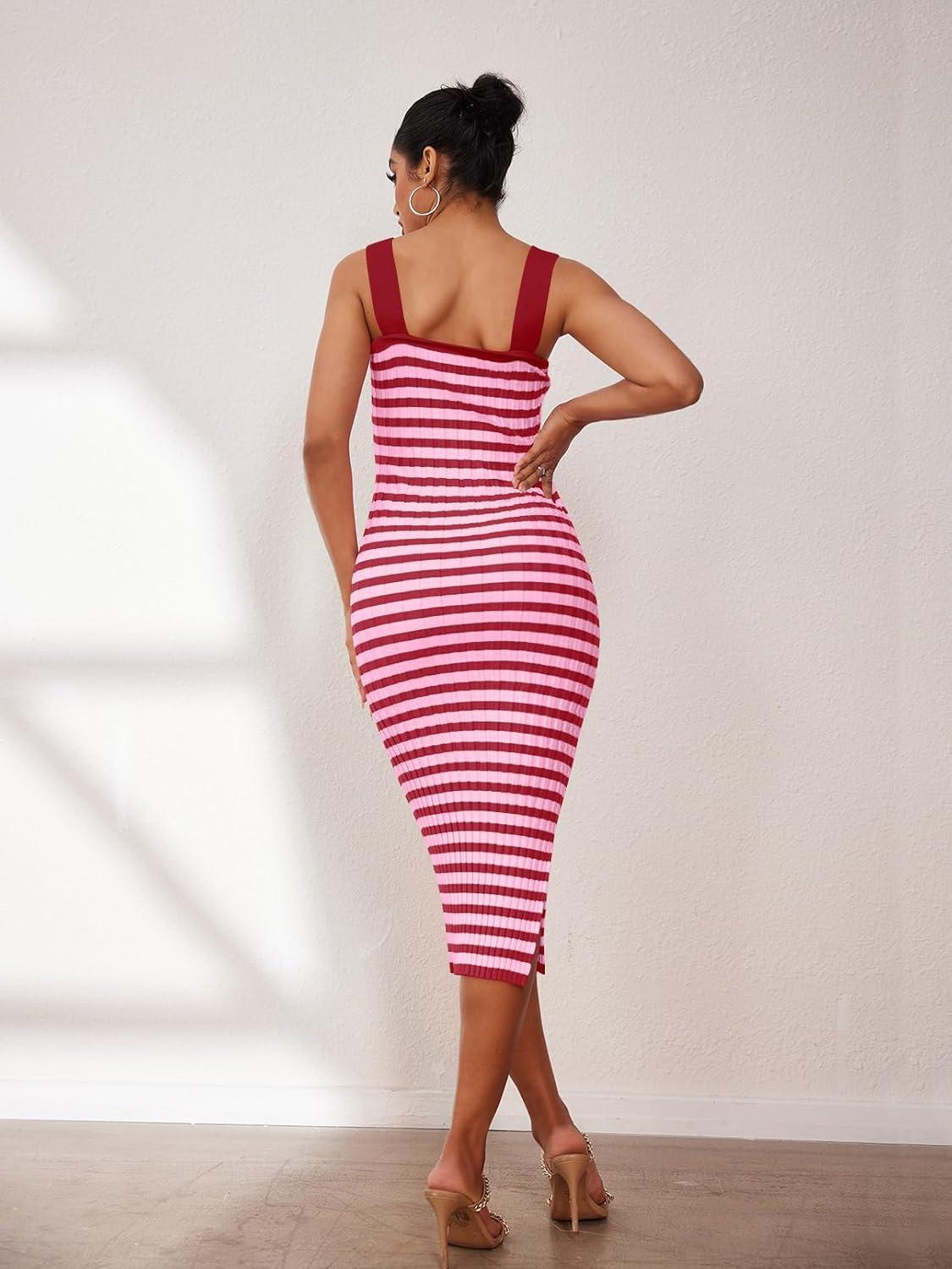imageMEROKEETY Womens 2026 Summer Spring Bodycon Midi Dress Beach Vacation Sleeveless Striped Ribbed Knit Party Sweater DressesRose