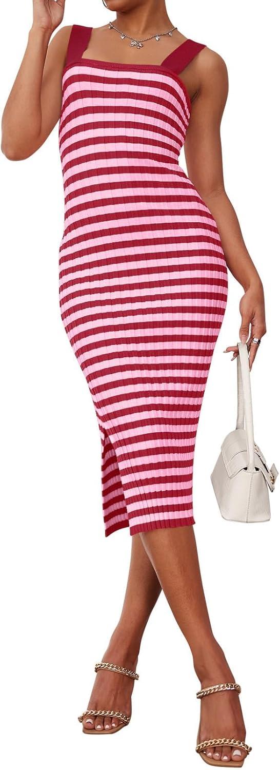 imageMEROKEETY Womens 2026 Summer Spring Bodycon Midi Dress Beach Vacation Sleeveless Striped Ribbed Knit Party Sweater DressesRose