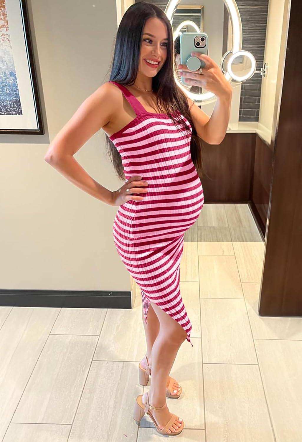 imageMEROKEETY Womens 2026 Summer Spring Bodycon Midi Dress Beach Vacation Sleeveless Striped Ribbed Knit Party Sweater DressesRose