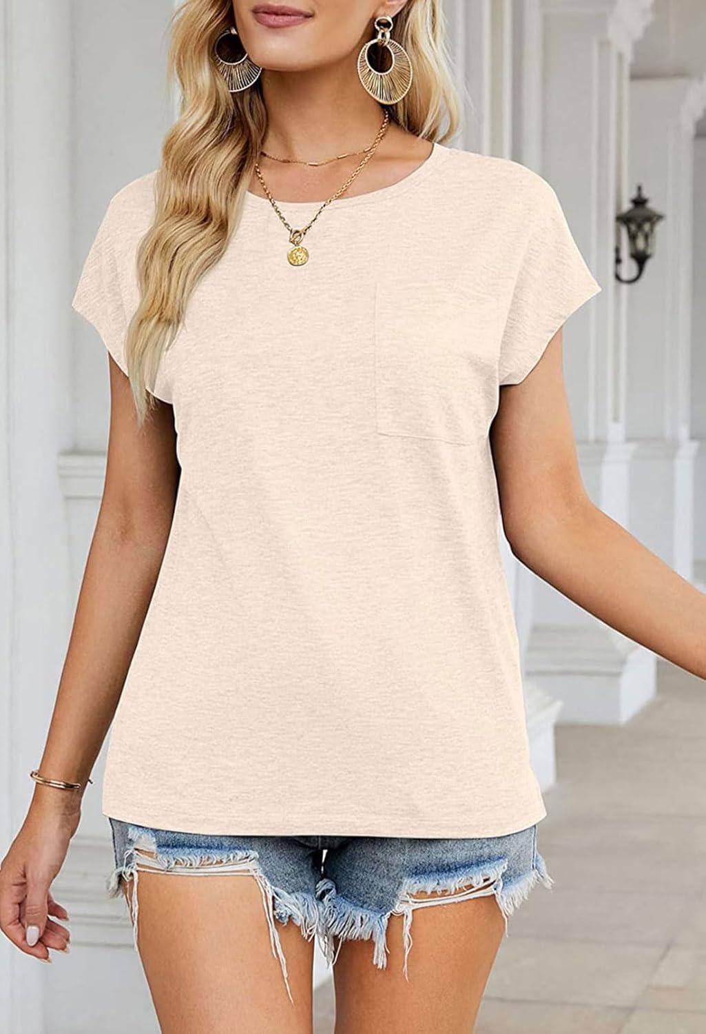 imageMEROKEETY Womens Casual Cap Sleeve T Shirts Basic Summer Tops Loose Solid Color BlouseApricot