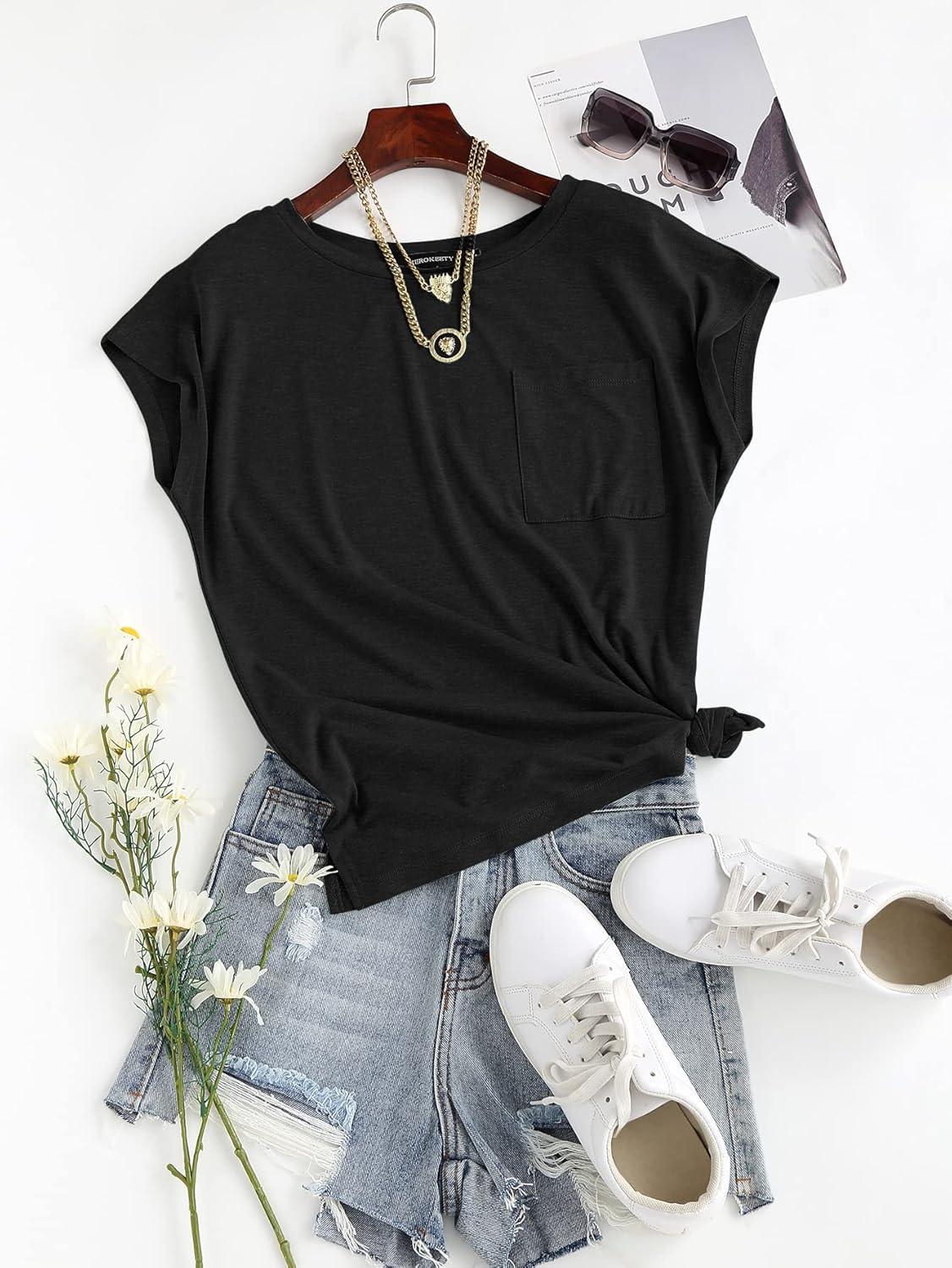 imageMEROKEETY Womens Casual Cap Sleeve T Shirts Basic Summer Tops Loose Solid Color BlouseBlack