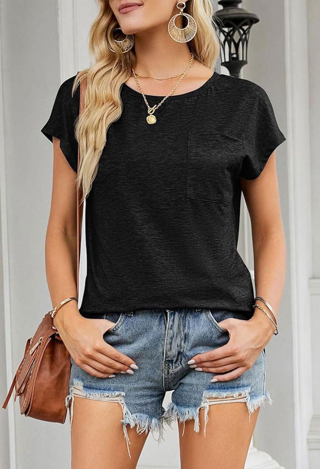 imageMEROKEETY Womens Casual Cap Sleeve T Shirts Basic Summer Tops Loose Solid Color BlouseBlack