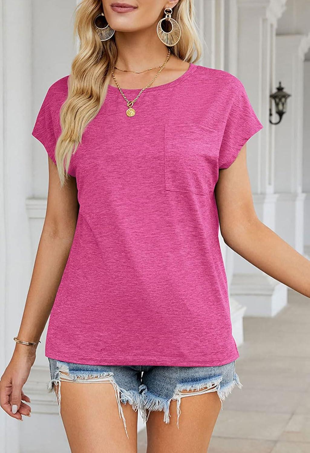 imageMEROKEETY Womens Casual Cap Sleeve T Shirts Basic Summer Tops Loose Solid Color BlouseRosepink