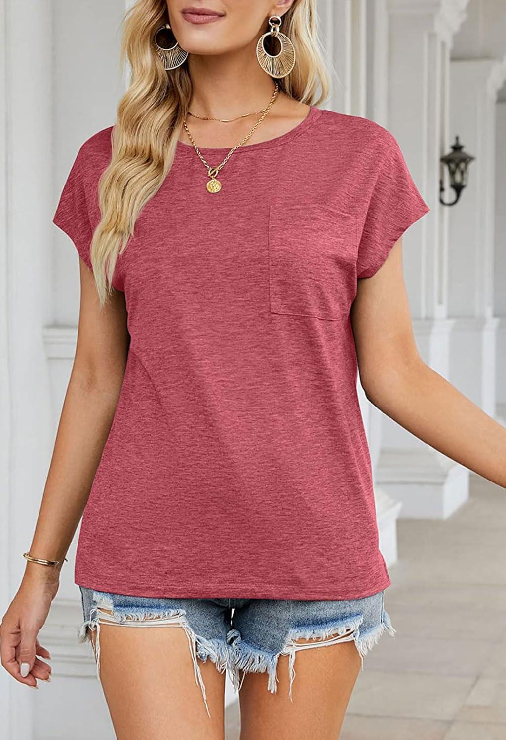 imageMEROKEETY Womens Casual Cap Sleeve T Shirts Basic Summer Tops Loose Solid Color BlouseWatermelon